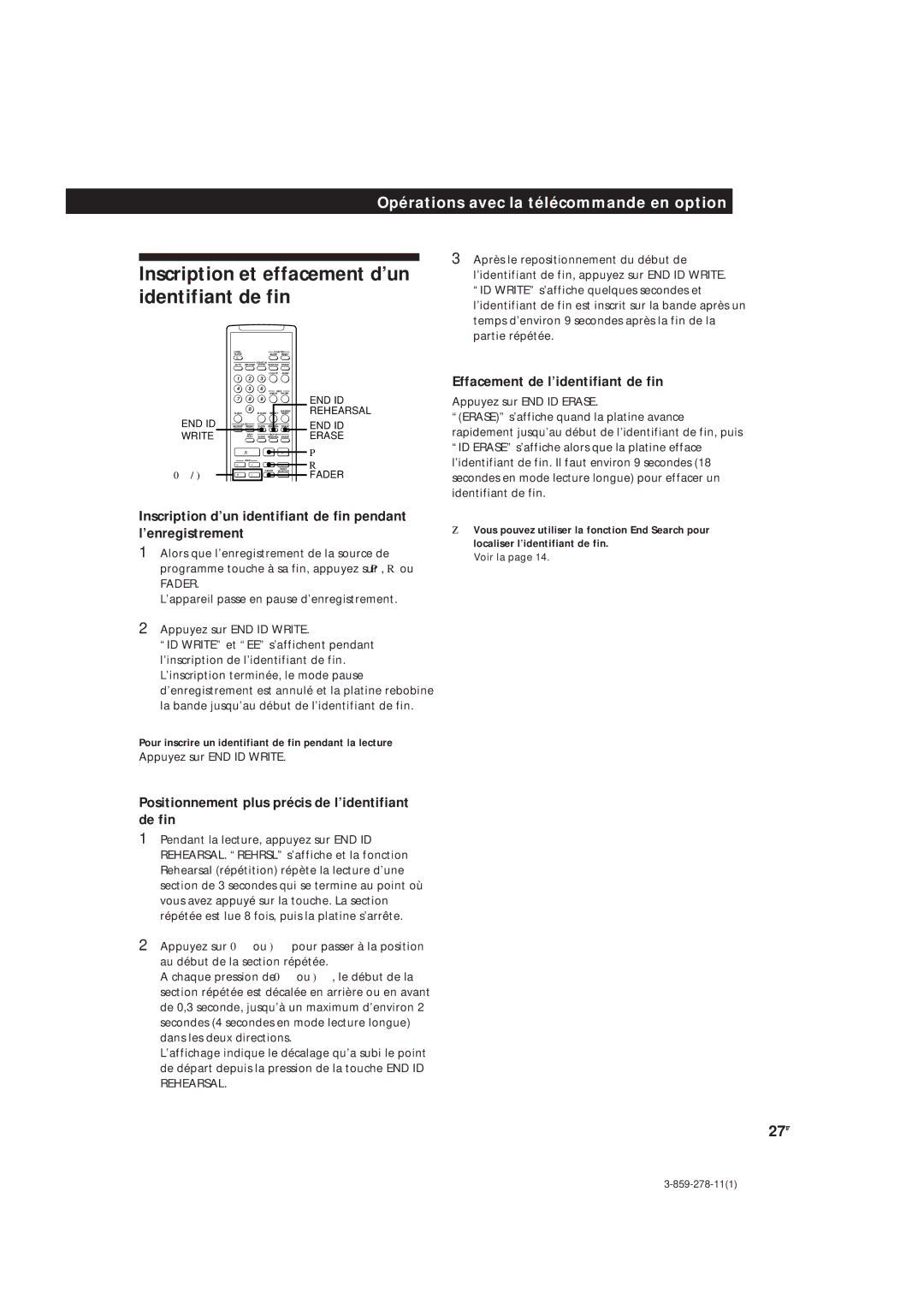 Sony PCM-R700, PCM-R500 manual Inscription et effacement d’un identifiant de fin, Effacement de l’identifiant de fin, 27F 