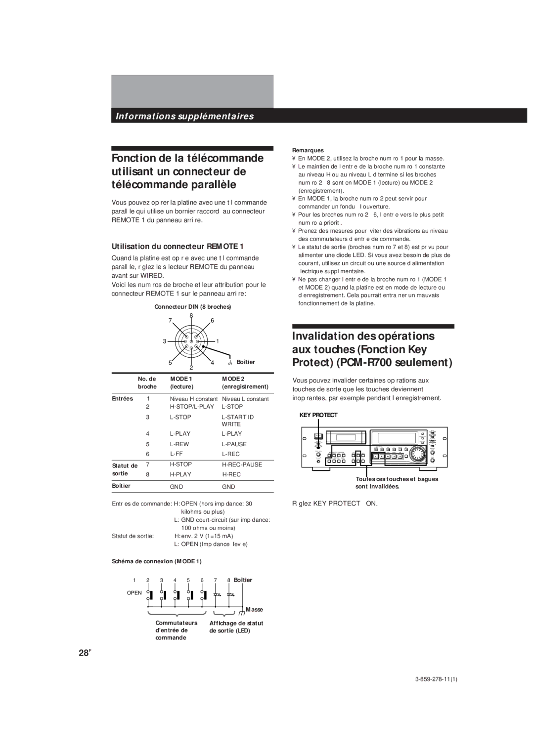 Sony PCM-R500, PCM-R700 manual Utilisation du connecteur Remote, 28F 