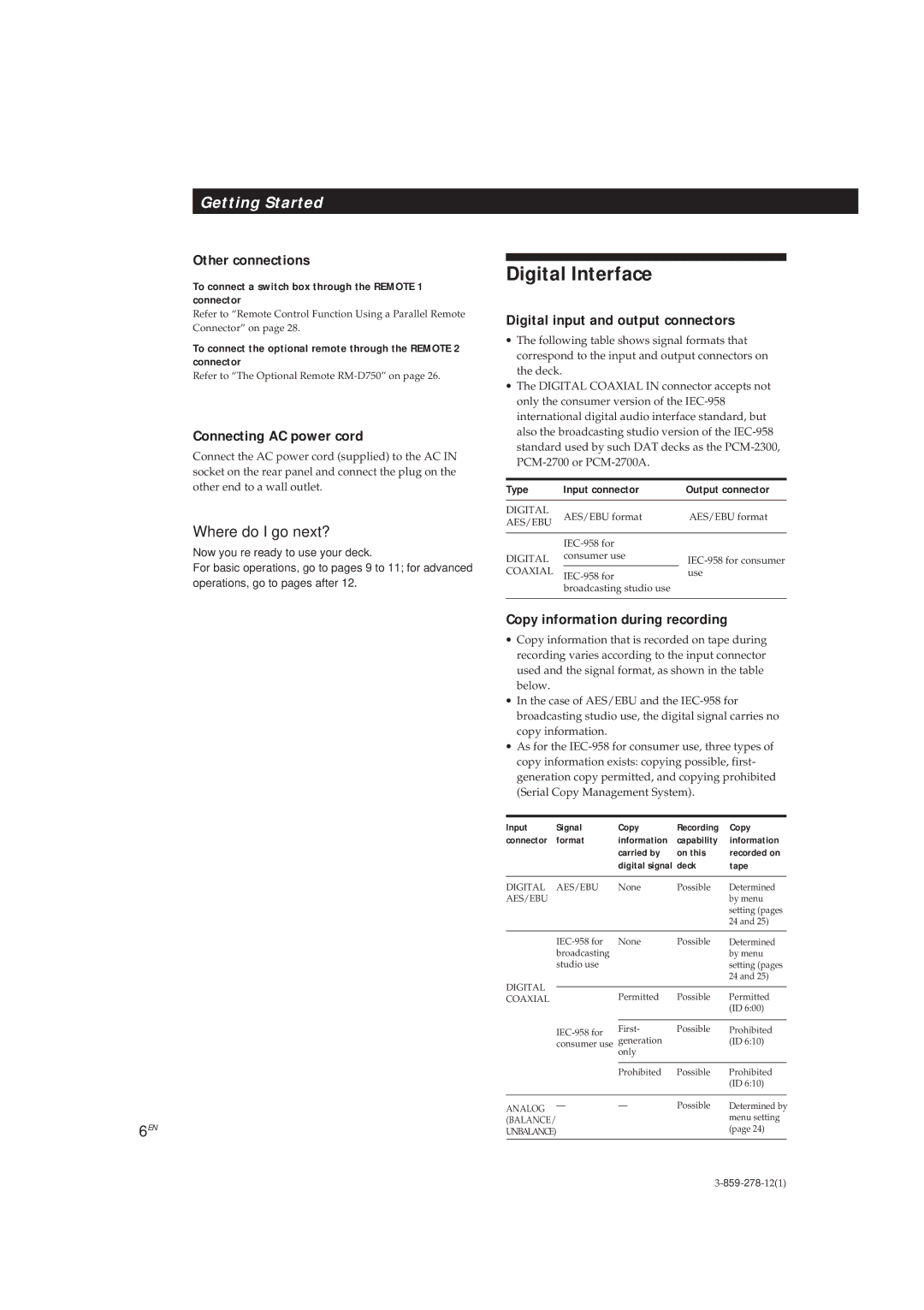 Sony PCM-R500 manual Digital Interface, Other connections, Connecting AC power cord, Digital input and output connectors 