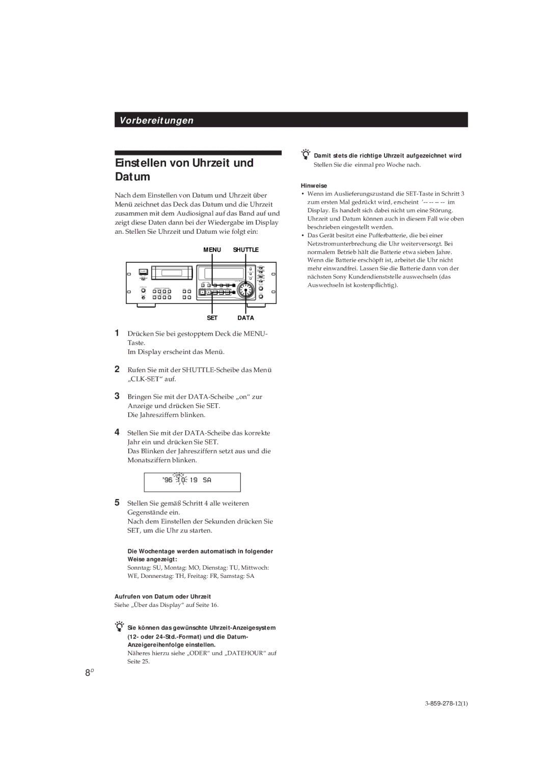 Sony PCM-R500, PCM-R700 manual Einstellen von Uhrzeit und Datum, Aufrufen von Datum oder Uhrzeit 