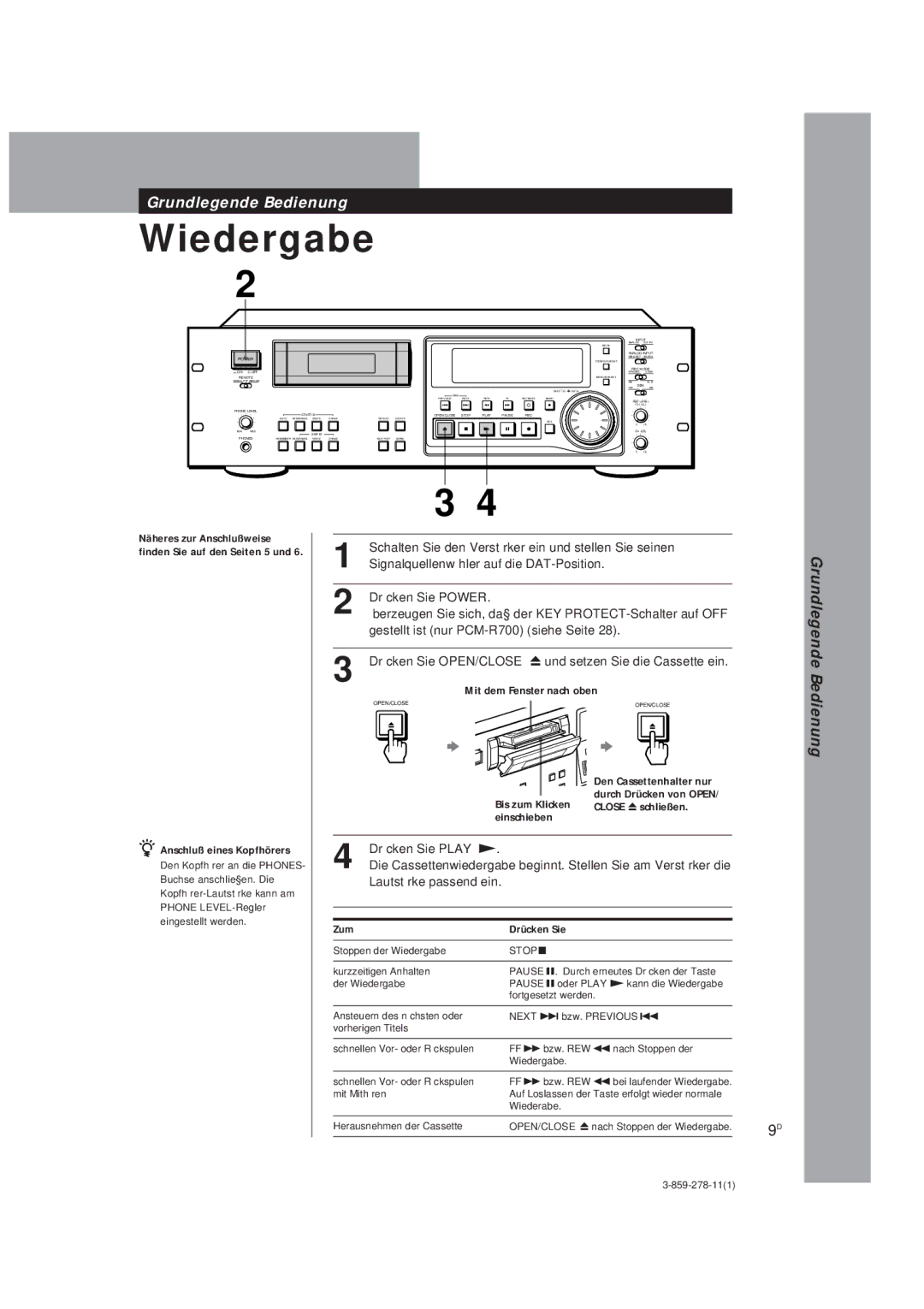 Sony PCM-R700, PCM-R500 manual Anschluß eines Kopfhörers, Zum Drücken Sie, Mit dem Fenster nach oben 