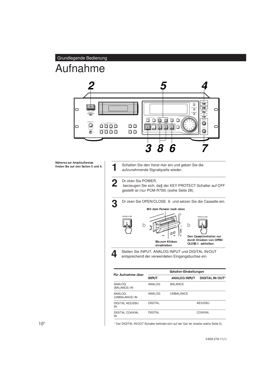 Sony PCM-R500, PCM-R700 manual 10D, Für Aufnahme über Schalter-Einstellungen 