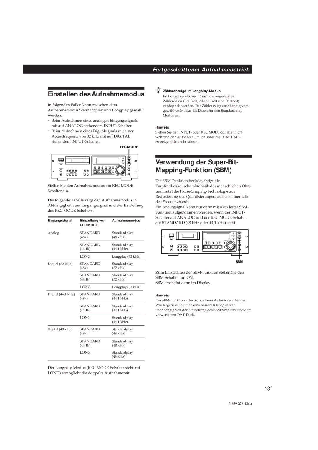 Sony PCM-R700, PCM-R500 manual Verwendung der Super-Bit Mapping-Funktion SBM, Einstellen des Aufnahmemodus, 13D, REC Mode 