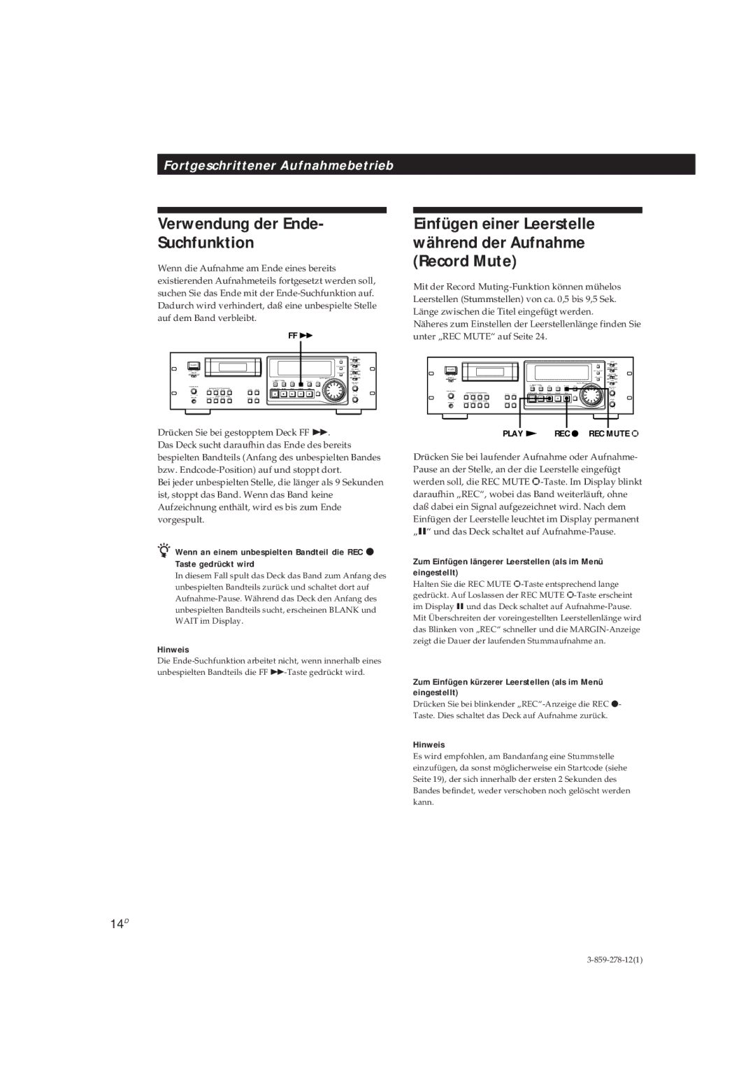 Sony PCM-R500, PCM-R700 Verwendung der Ende Suchfunktion, Einfügen einer Leerstelle während der Aufnahme Record Mute, 14D 