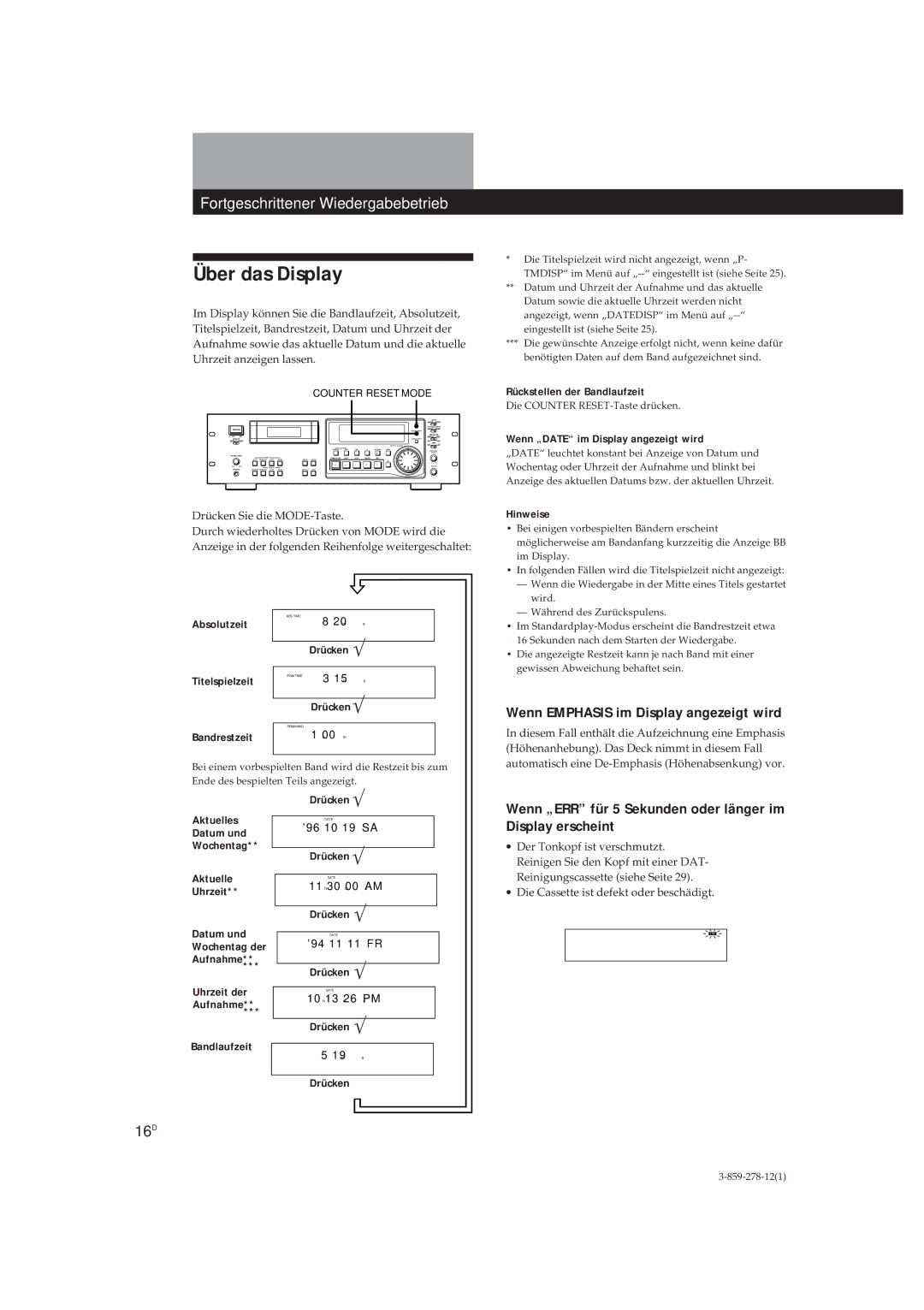 Sony PCM-R500, PCM-R700 manual Über das Display, Wenn Emphasis im Display angezeigt wird, 16D, Rückstellen der Bandlaufzeit 