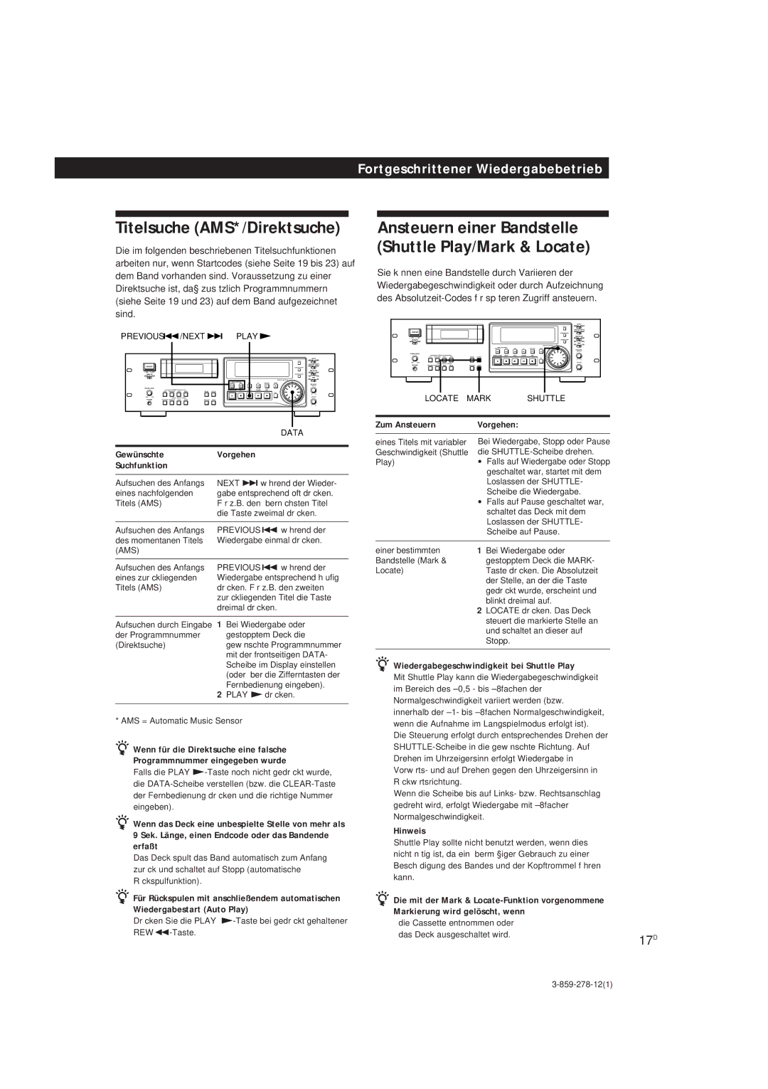 Sony PCM-R700, PCM-R500 manual Titelsuche AMS*/Direktsuche, Ansteuern einer Bandstelle Shuttle Play/Mark & Locate, 17D 