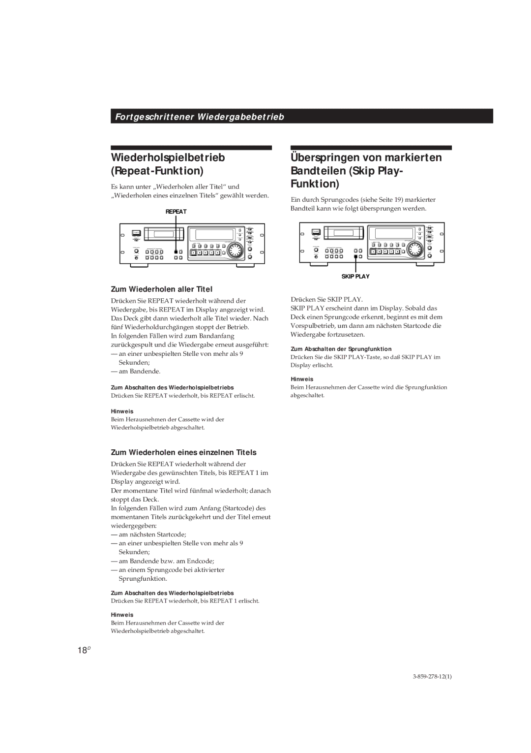 Sony PCM-R500 manual Überspringen von markierten Bandteilen Skip Play- Funktion, Wiederholspielbetrieb Repeat-Funktion, 18D 