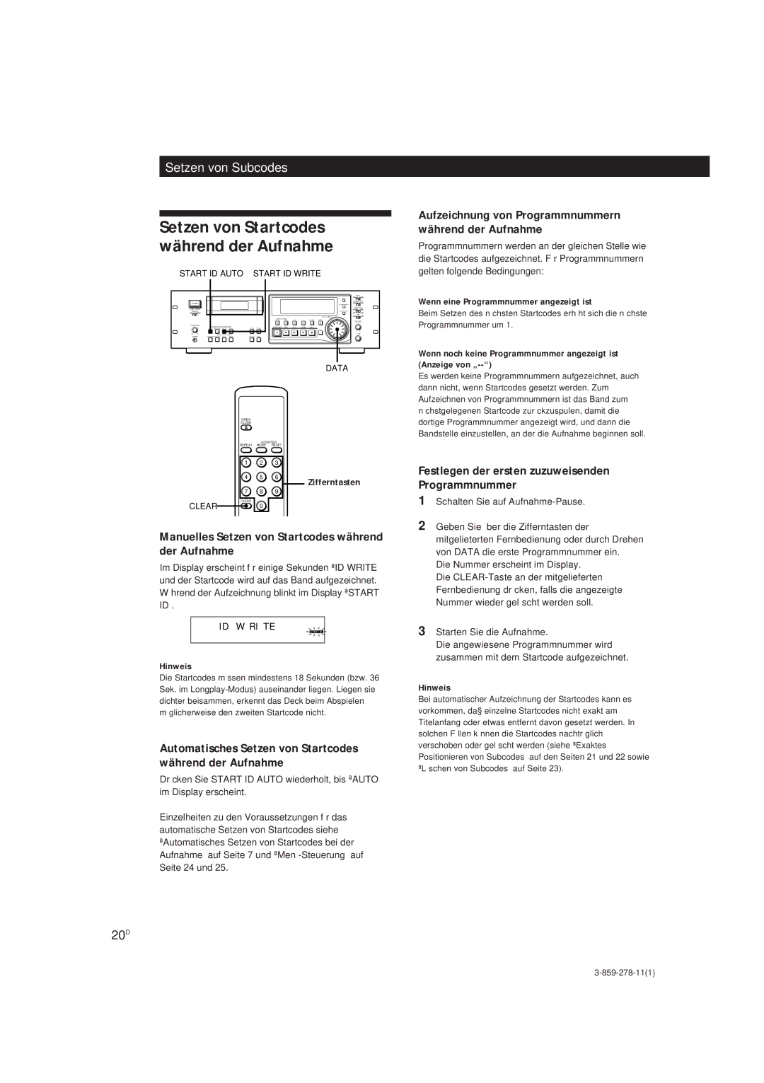 Sony PCM-R500 manual Manuelles Setzen von Startcodes während der Aufnahme, 20D, Wenn eine Programmnummer angezeigt ist 