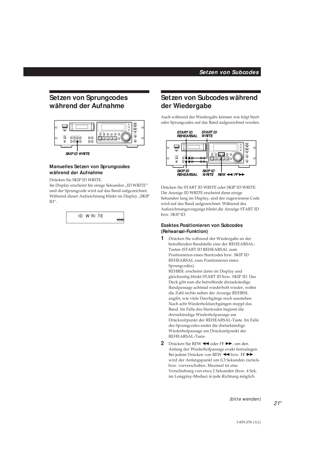 Sony PCM-R700 manual Setzen von Subcodes während der Wiedergabe, Exaktes Positionieren von Subcodes Rehearsal-Funktion, 21D 