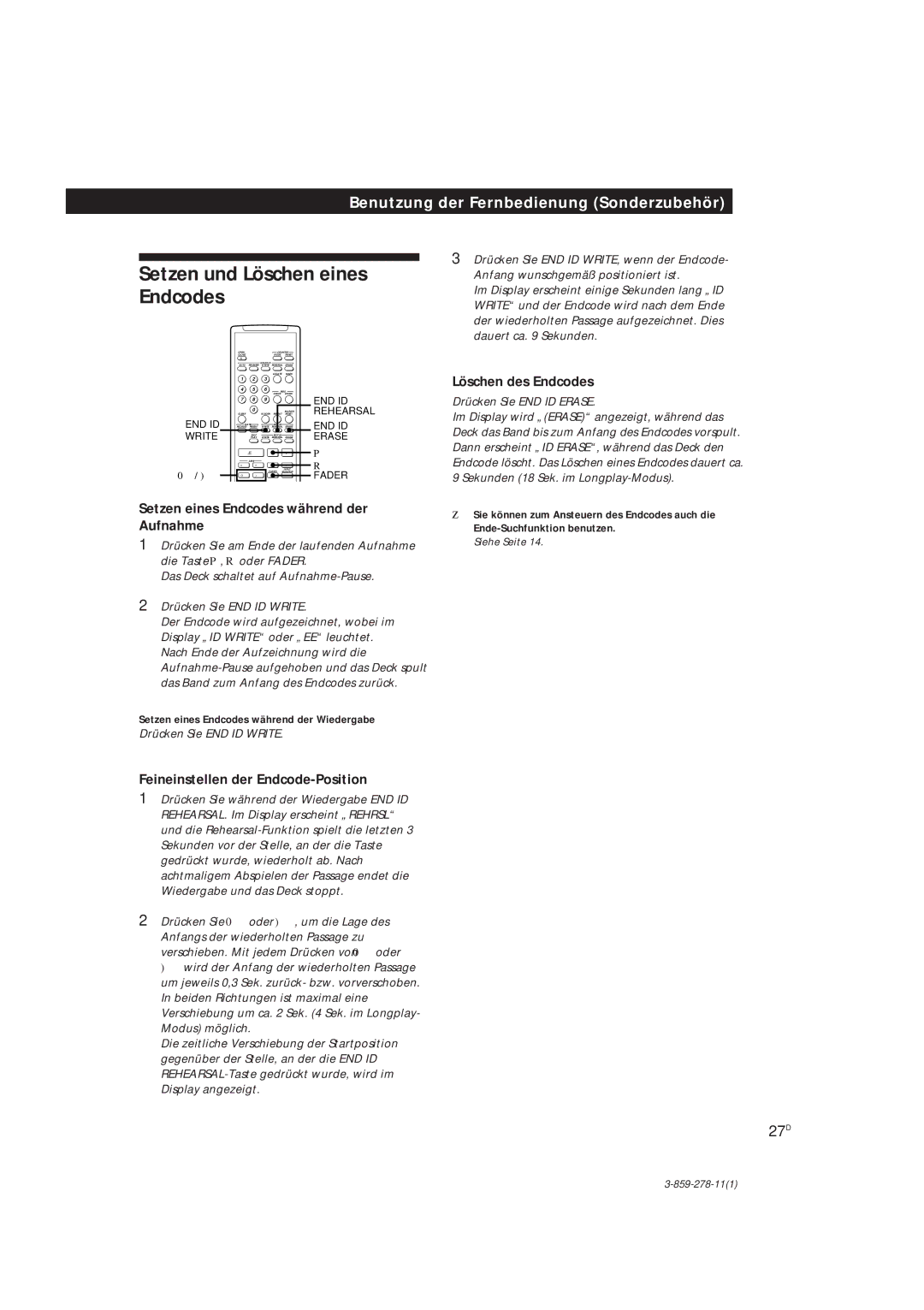 Sony PCM-R700 Setzen und Löschen eines Endcodes, Setzen eines Endcodes während der Aufnahme, Löschen des Endcodes, 27D 