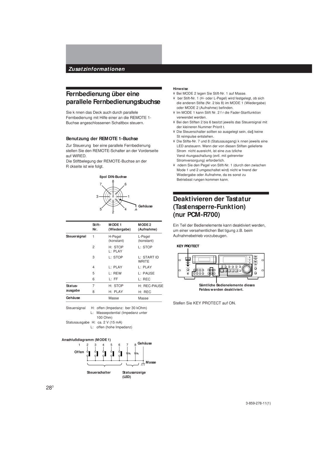 Sony PCM-R500, PCM-R700 manual Benutzung der Remote 1-Buchse, 28D 