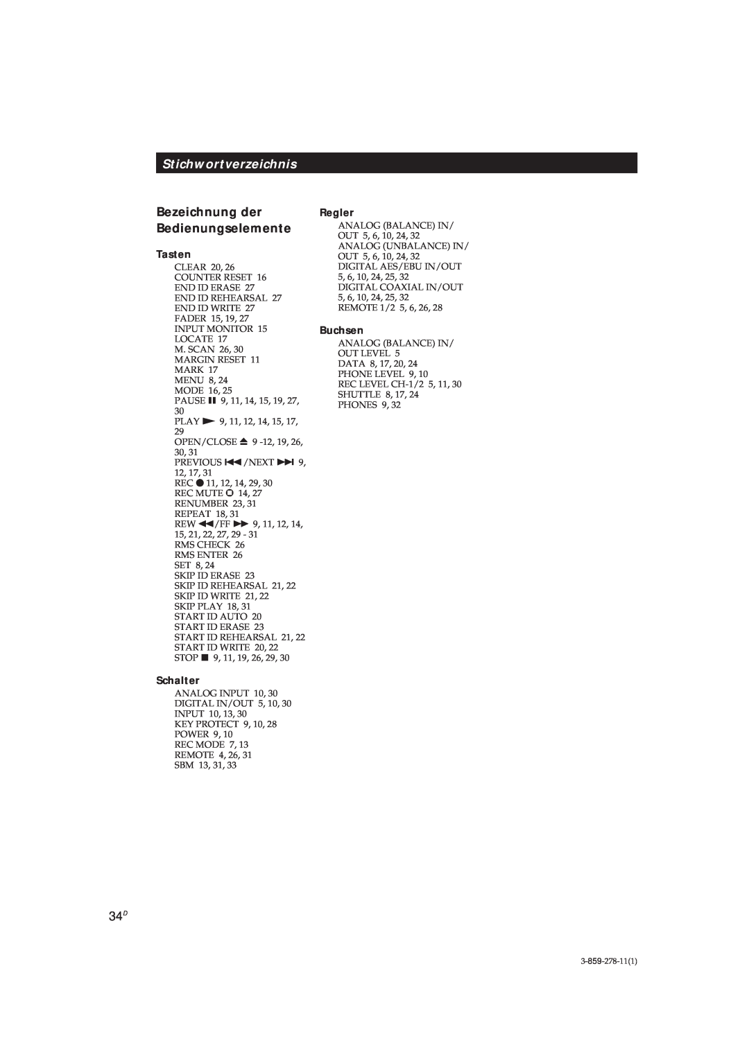 Sony PCM-R500, PCM-R700 manual Stichwortverzeichnis, Bezeichnung der Bedienungselemente 