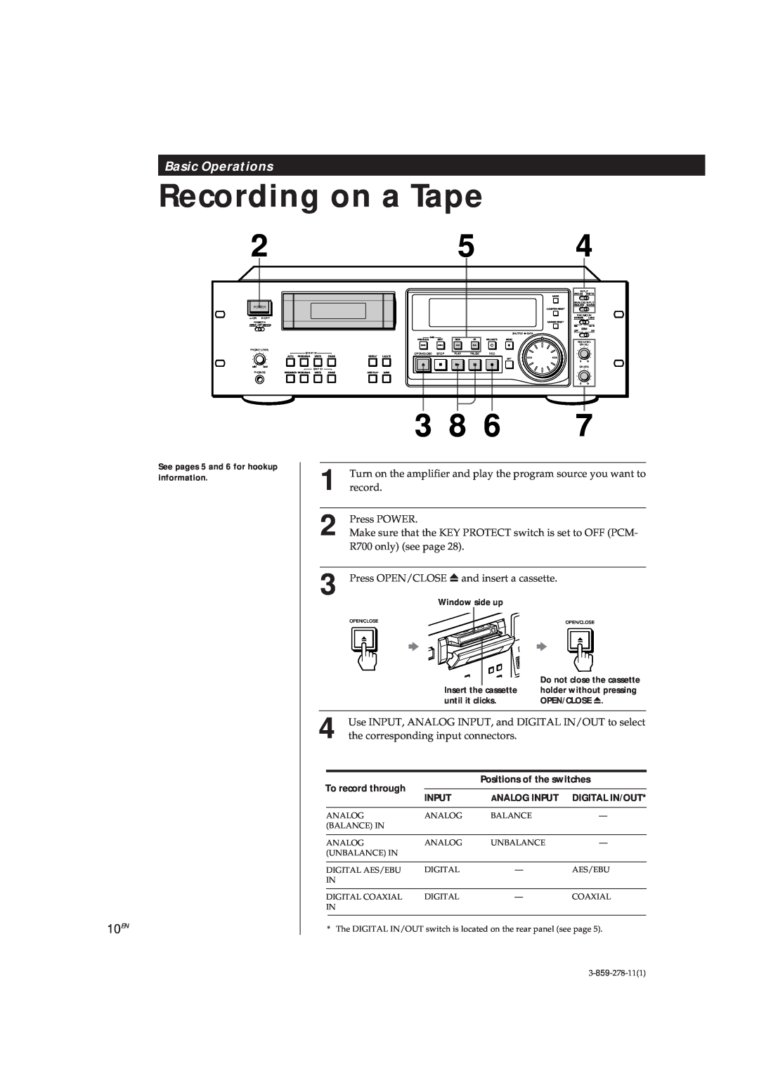 Sony PCM-R500 Recording on a Tape, Basic Operations, 10EN, See pages 5 and 6 for hookup information, To record through 