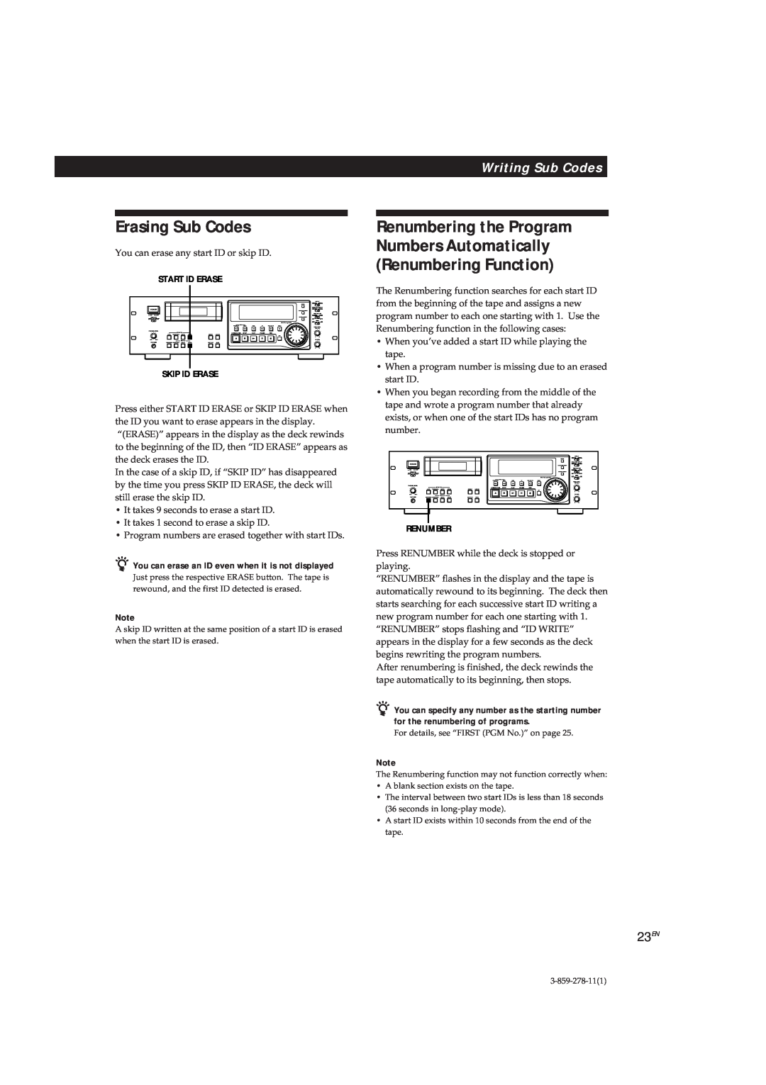 Sony PCM-R700 Erasing Sub Codes, Renumbering the Program Numbers Automatically, Renumbering Function, Writing Sub Codes 