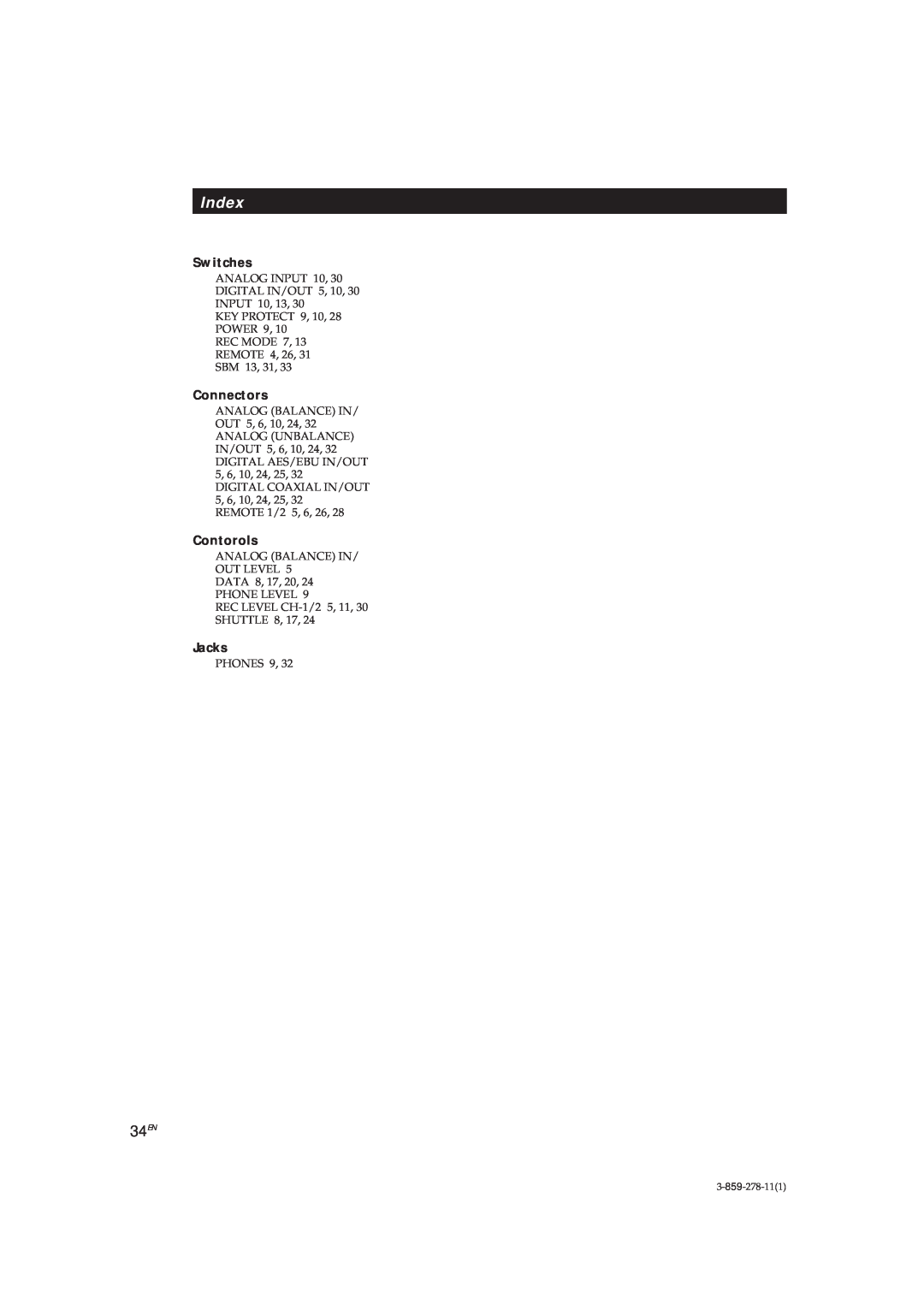 Sony PCM-R500, PCM-R700 manual Index, 34EN, Switches, Connectors, Contorols, Jacks 