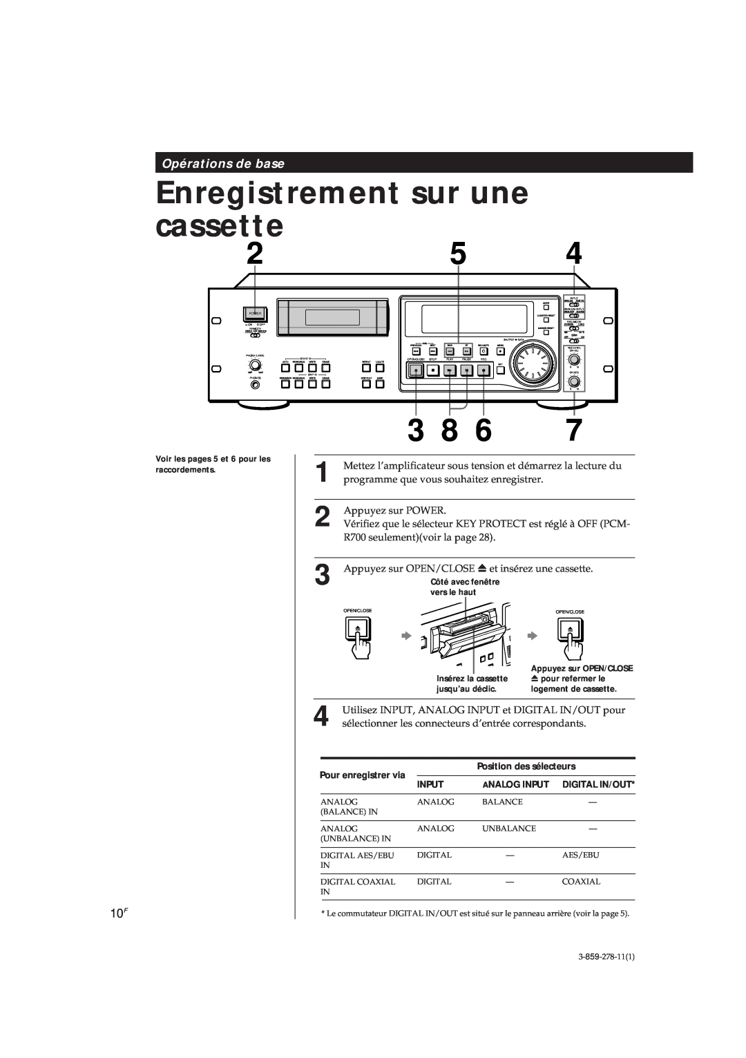 Sony PCM-R500, PCM-R700 manual Enregistrement sur une cassette, Opérations de base 