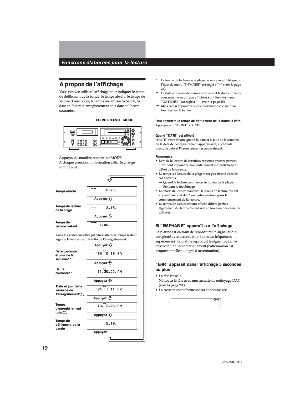 Sony PCM-R500 manual A propos de l’affichage, Fonctions élaborées pour la lecture, Si “EMPHASIS” apparaît sur l’affichage 