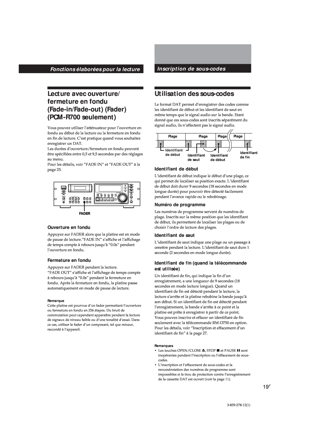 Sony PCM-R700 Utilisation des sous-codes, Fonctions élaborées pour la lecture, Ouverture en fondu, Fermeture en fondu 