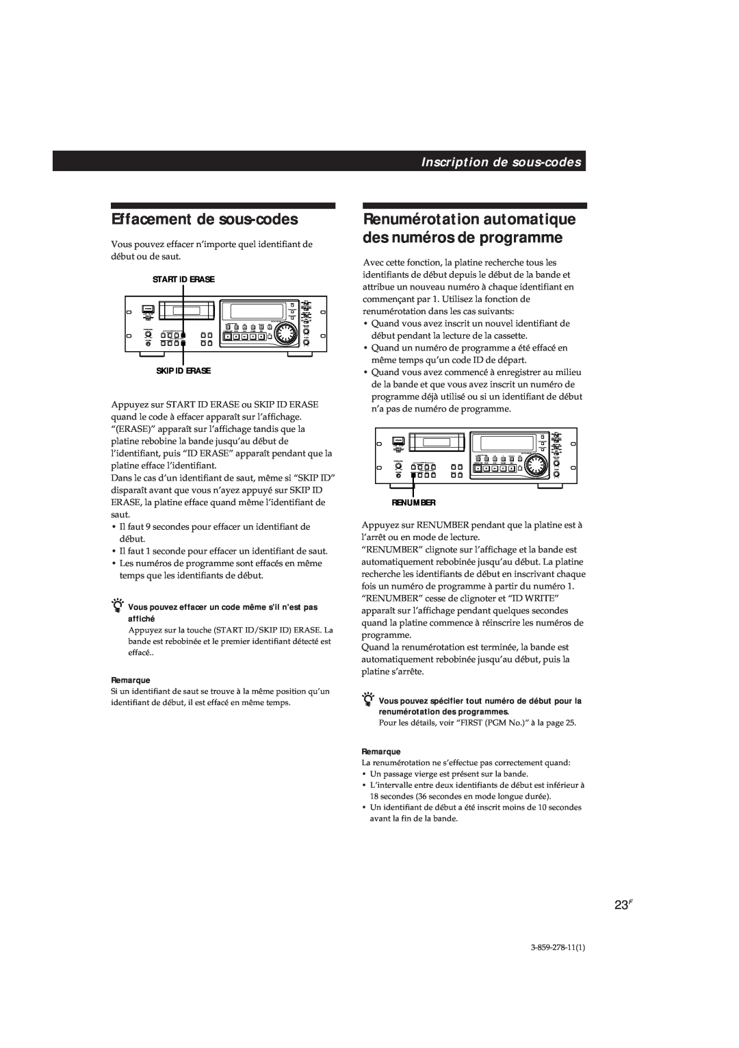 Sony PCM-R700, PCM-R500 manual Effacement de sous-codes, Inscription de sous-codes, Remarque 