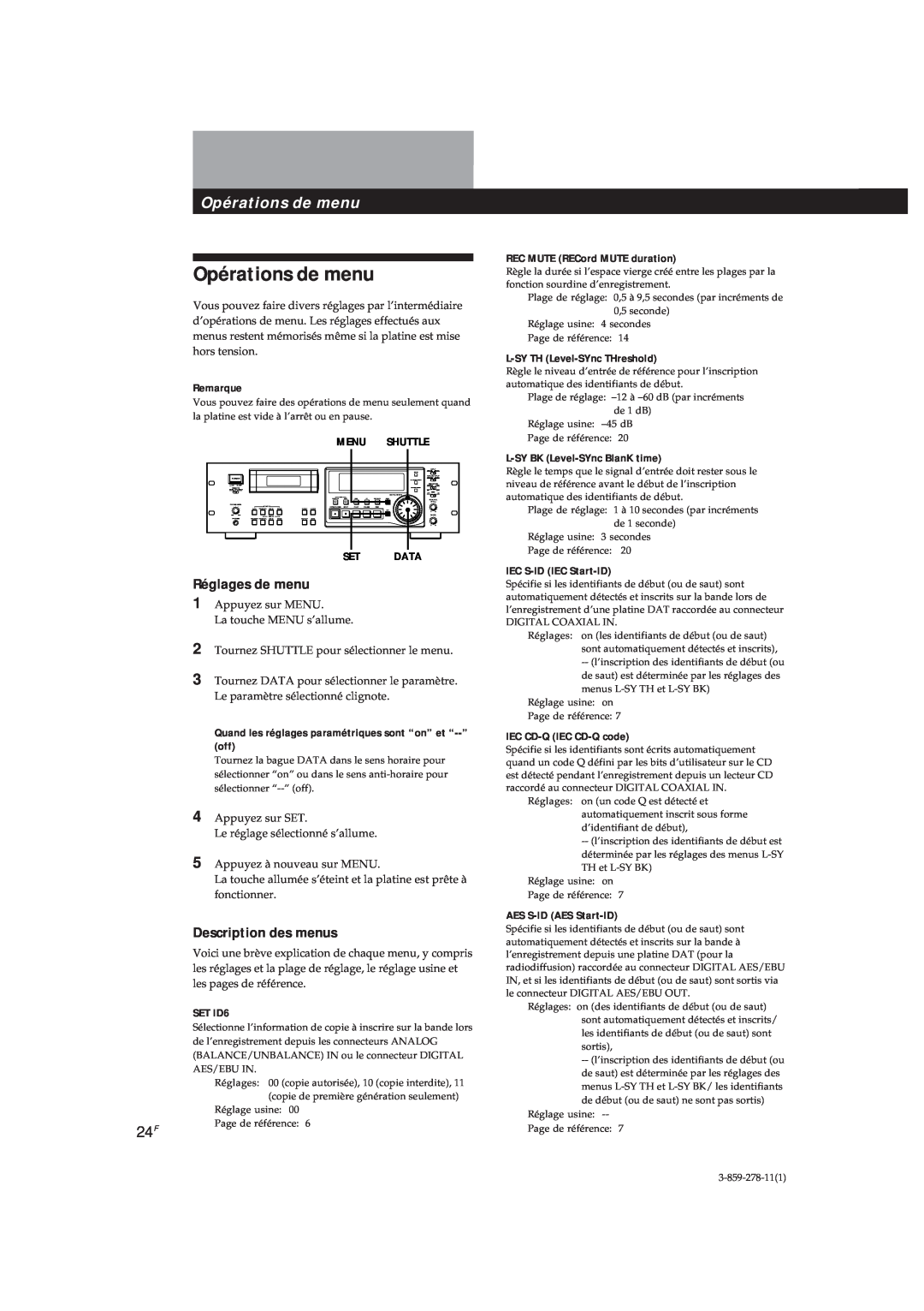 Sony PCM-R500 manual Opérations de menu, Réglages de menu, Description des menus, Remarque, REC MUTE RECord MUTE duration 