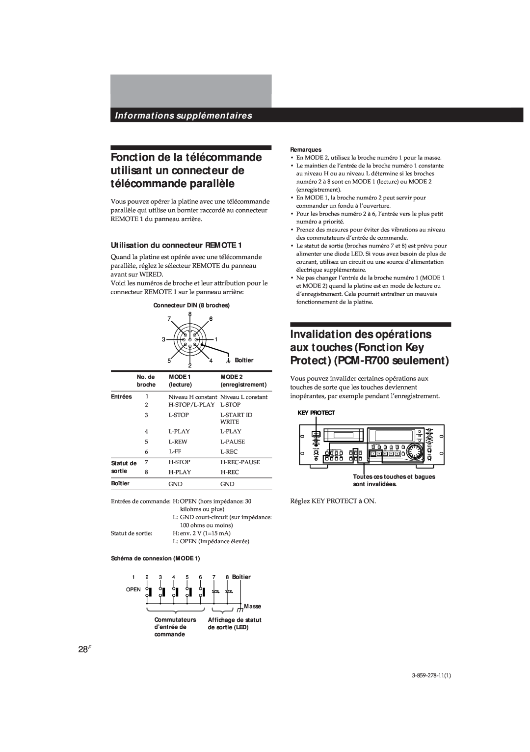 Sony PCM-R500, PCM-R700 manual Informations supplémentaires, Utilisation du connecteur REMOTE 