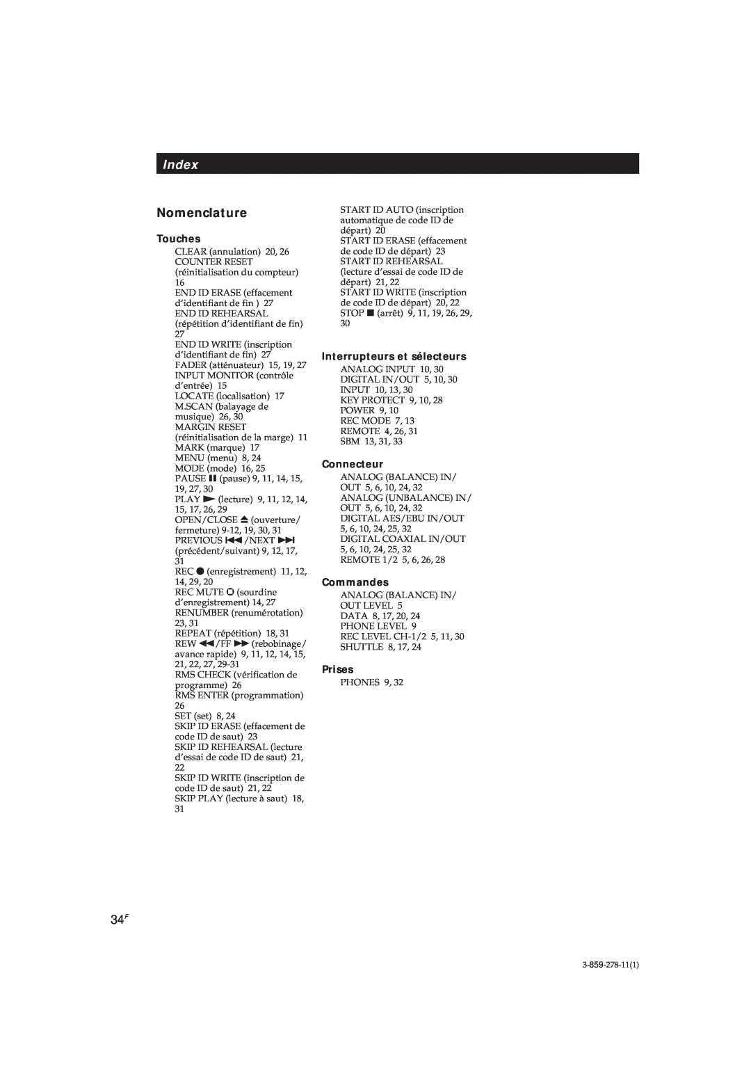 Sony PCM-R500, PCM-R700 manual Index, Nomenclature 