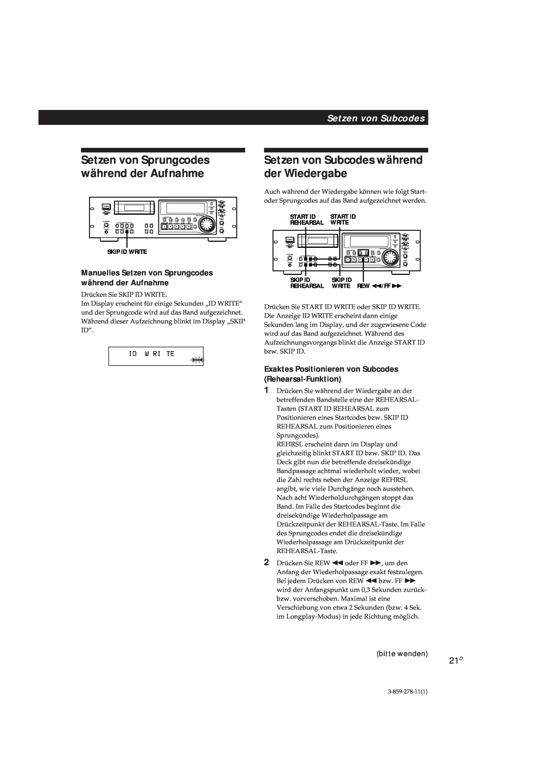 Sony PCM-R700 manual Setzen von Subcodes während der Wiedergabe, Setzen von Sprungcodes während der Aufnahme, bitte wenden 