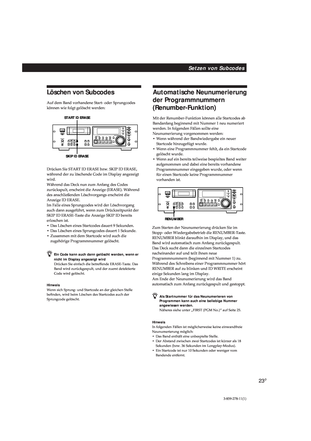 Sony PCM-R700, PCM-R500 manual Löschen von Subcodes, Setzen von Subcodes, Hinweis 