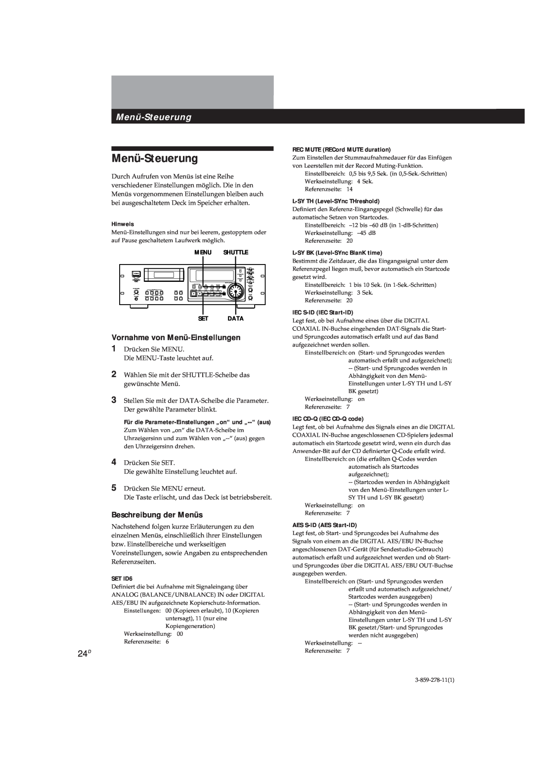 Sony PCM-R500 manual Menü-Steuerung, Vornahme von Menü-Einstellungen, Beschreibung der Menüs, REC MUTE RECord MUTE duration 