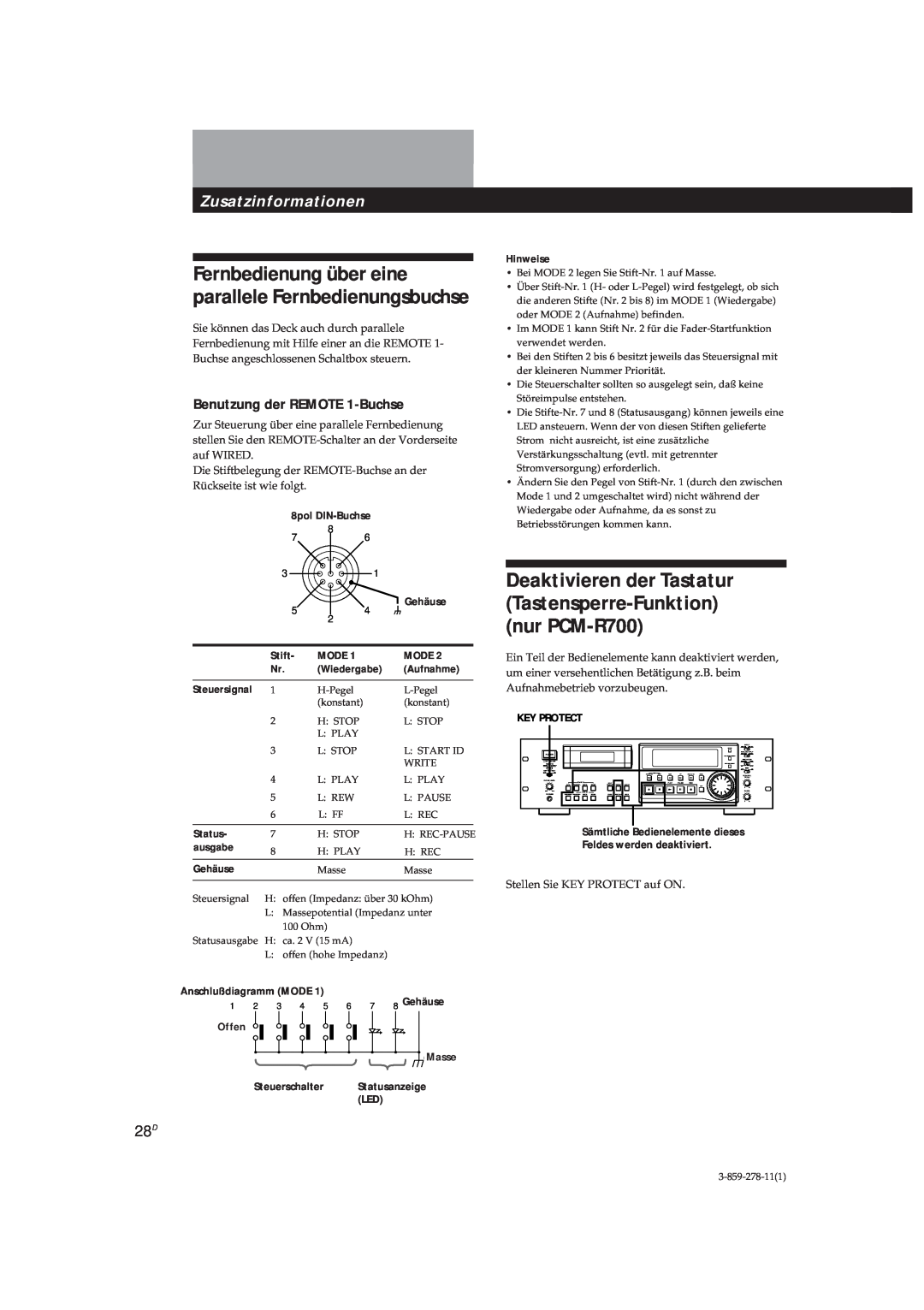 Sony PCM-R500 Zusatzinformationen, Benutzung der REMOTE 1-Buchse, Stift, Mode, Wiedergabe, Aufnahme, Steuersignal, Status 