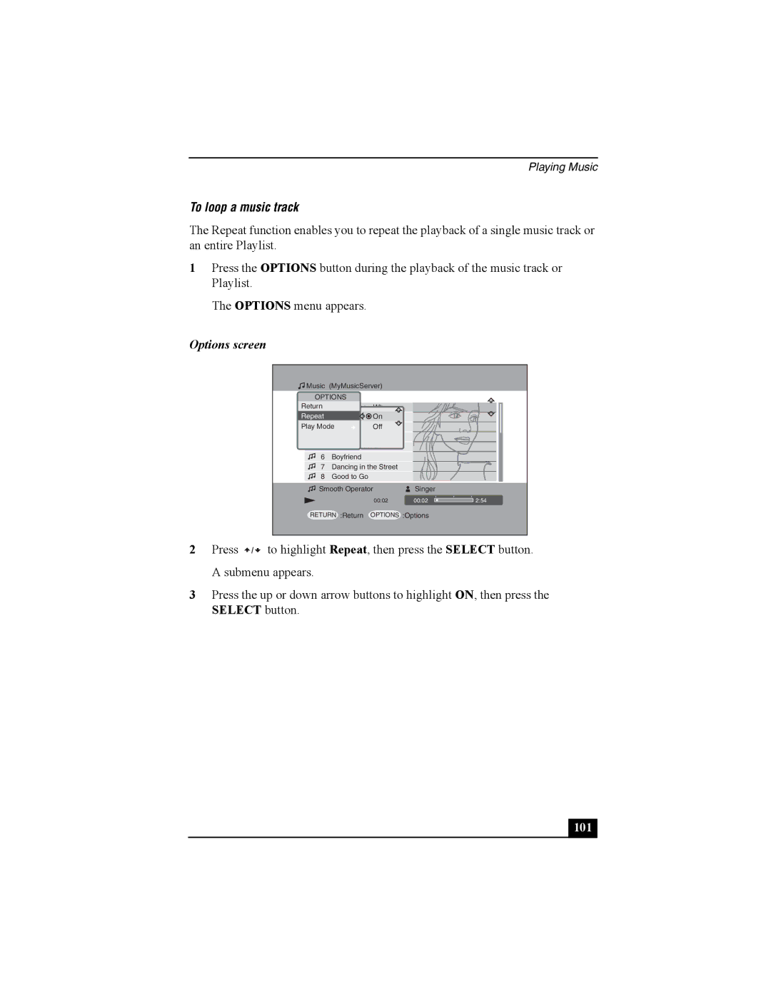 Sony PCNA-MR10 manual To loop a music track, Options screen 