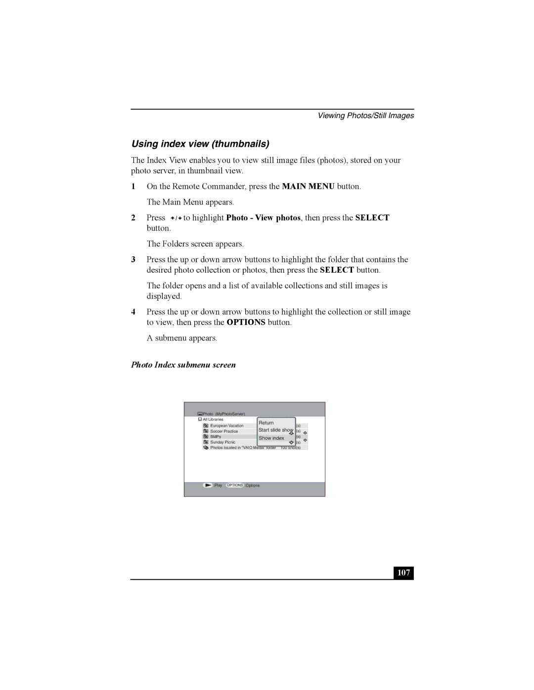 Sony PCNA-MR10 manual Using index view thumbnails, Photo Index submenu screen 