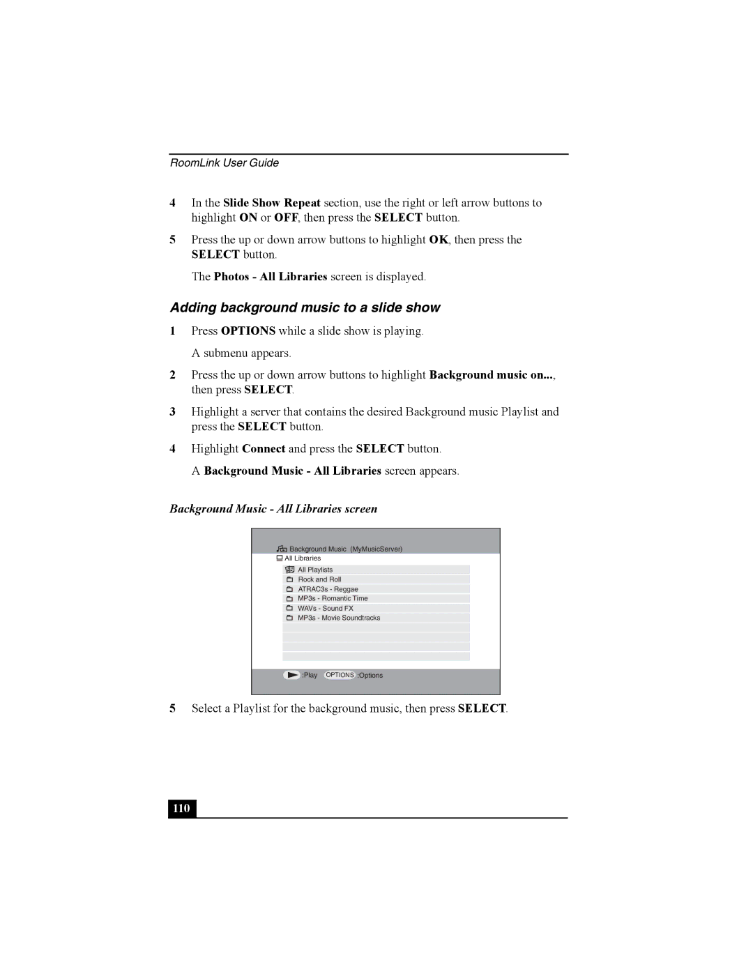 Sony PCNA-MR10 manual Adding background music to a slide show, Background Music All Libraries screen 