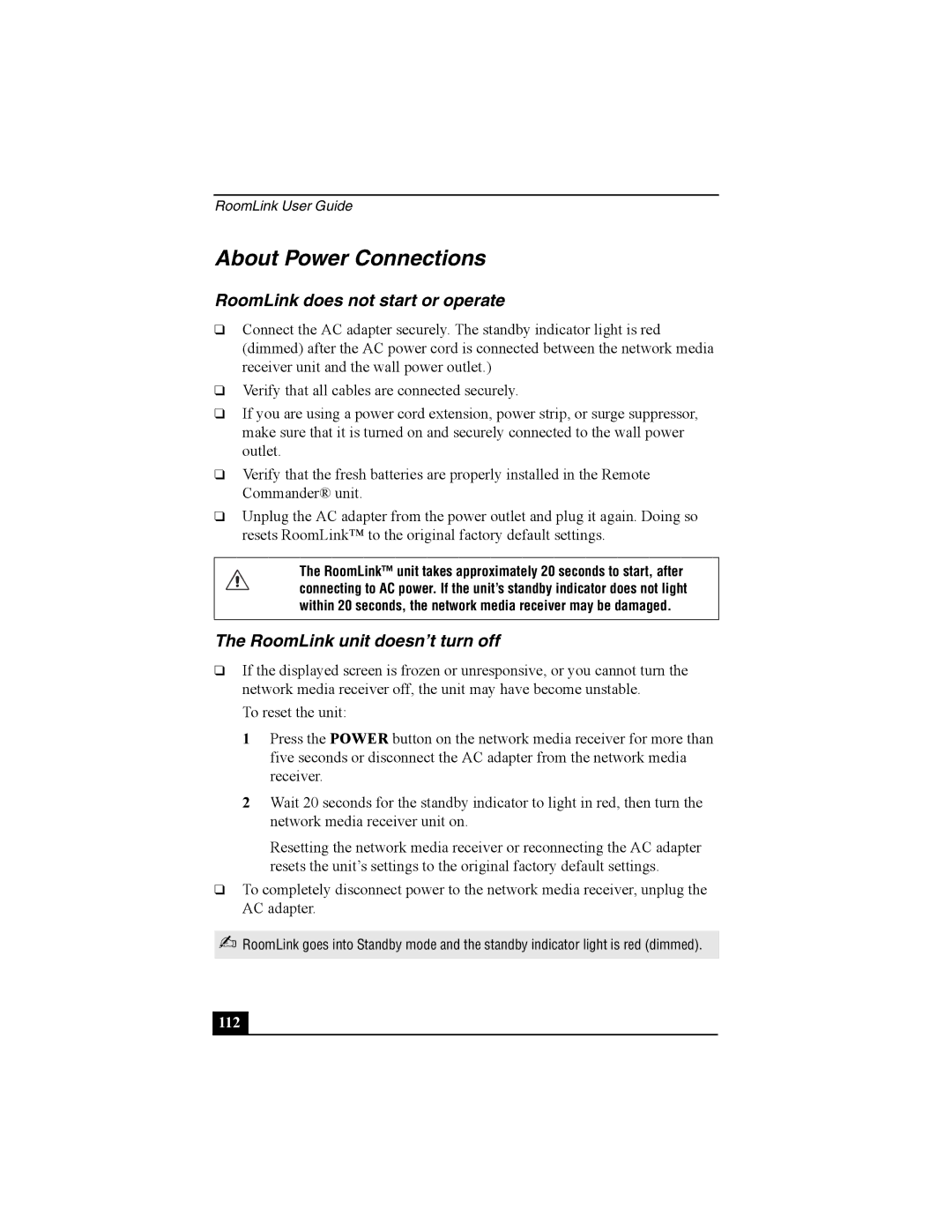 Sony PCNA-MR10 manual About Power Connections, RoomLink does not start or operate, RoomLink unit doesn’t turn off 