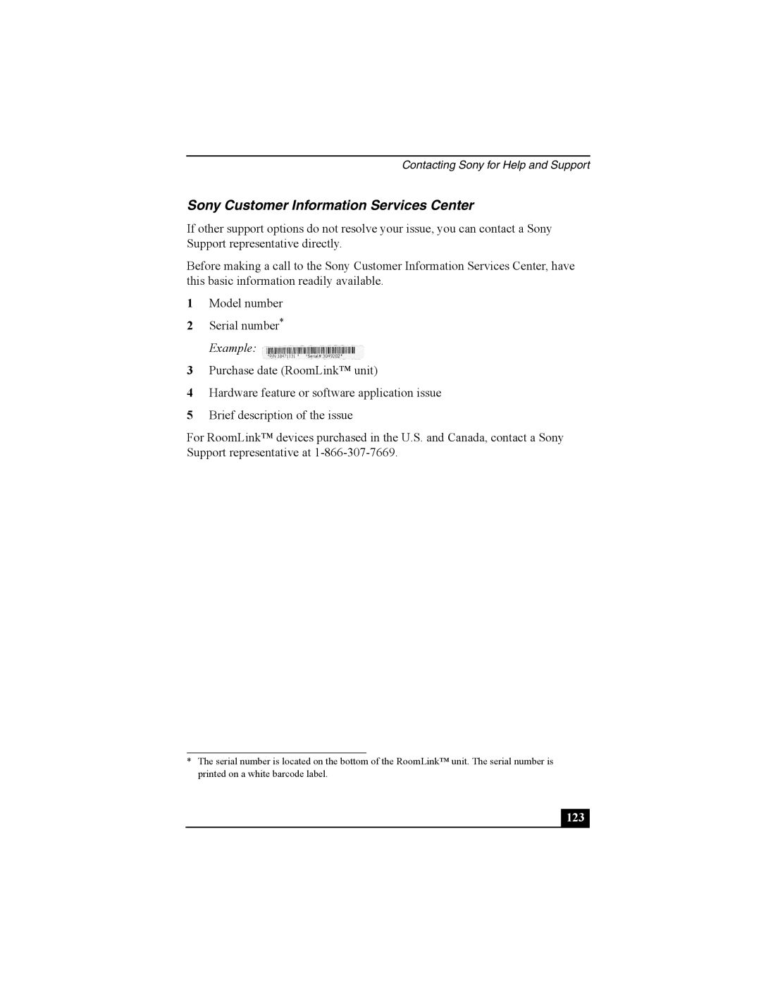 Sony PCNA-MR10 manual Sony Customer Information Services Center, Example 