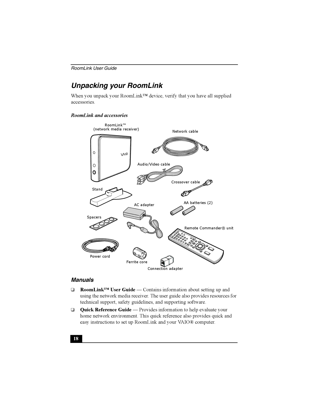 Sony PCNA-MR10 manual Unpacking your RoomLink, Manuals, RoomLink and accessories 