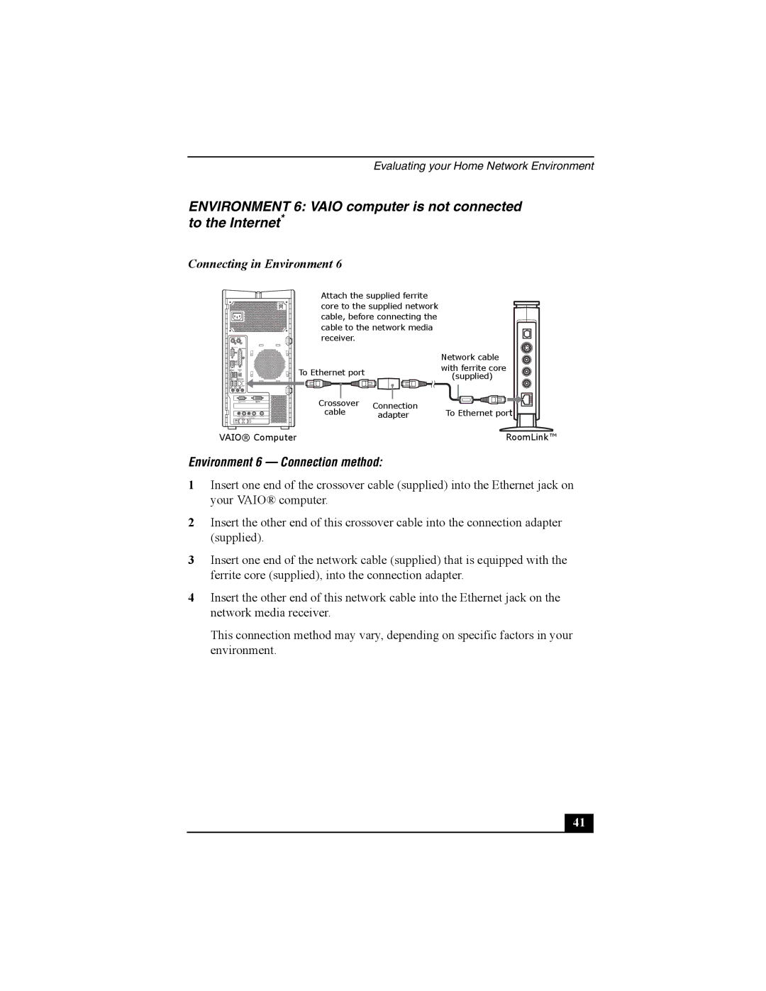 Sony PCNA-MR10 manual Environment 6 Vaio computer is not connected to the Internet, Environment 6 Connection method 