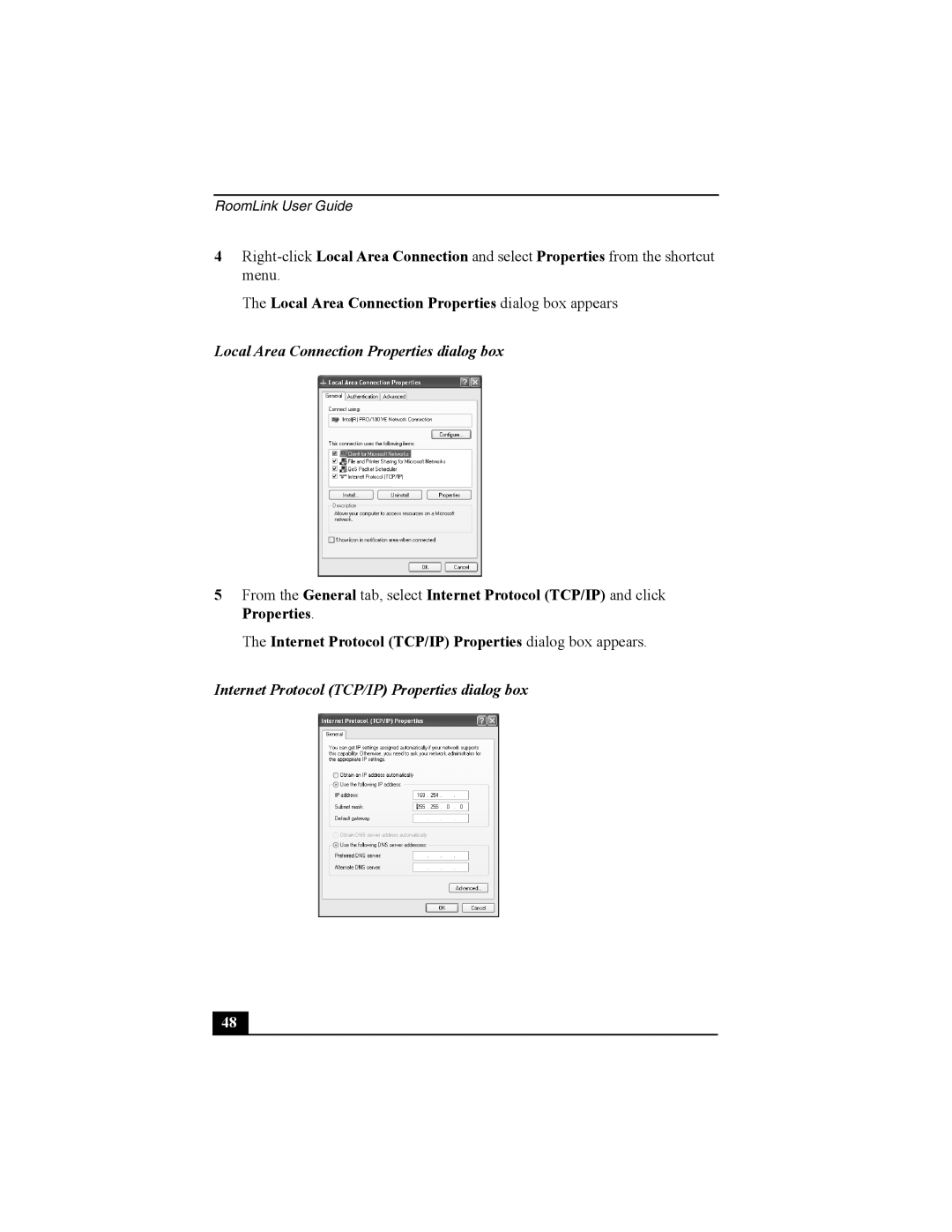 Sony PCNA-MR10 manual Local Area Connection Properties dialog box, Internet Protocol TCP/IP Properties dialog box 