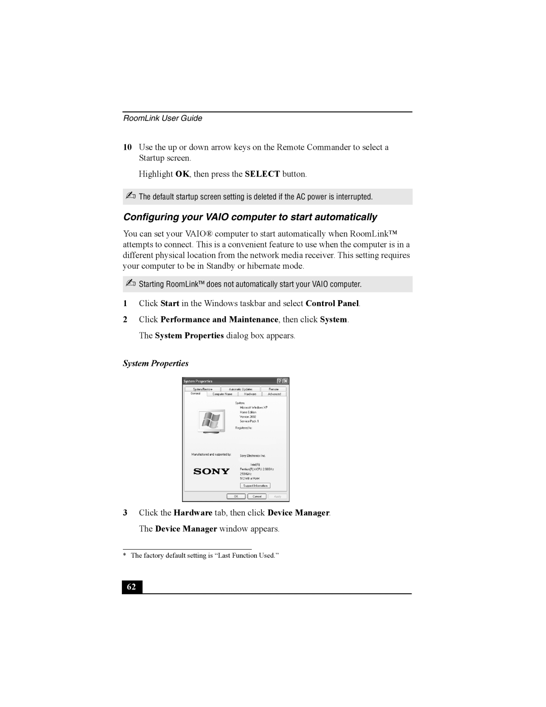 Sony PCNA-MR10 manual Configuring your Vaio computer to start automatically, System Properties 