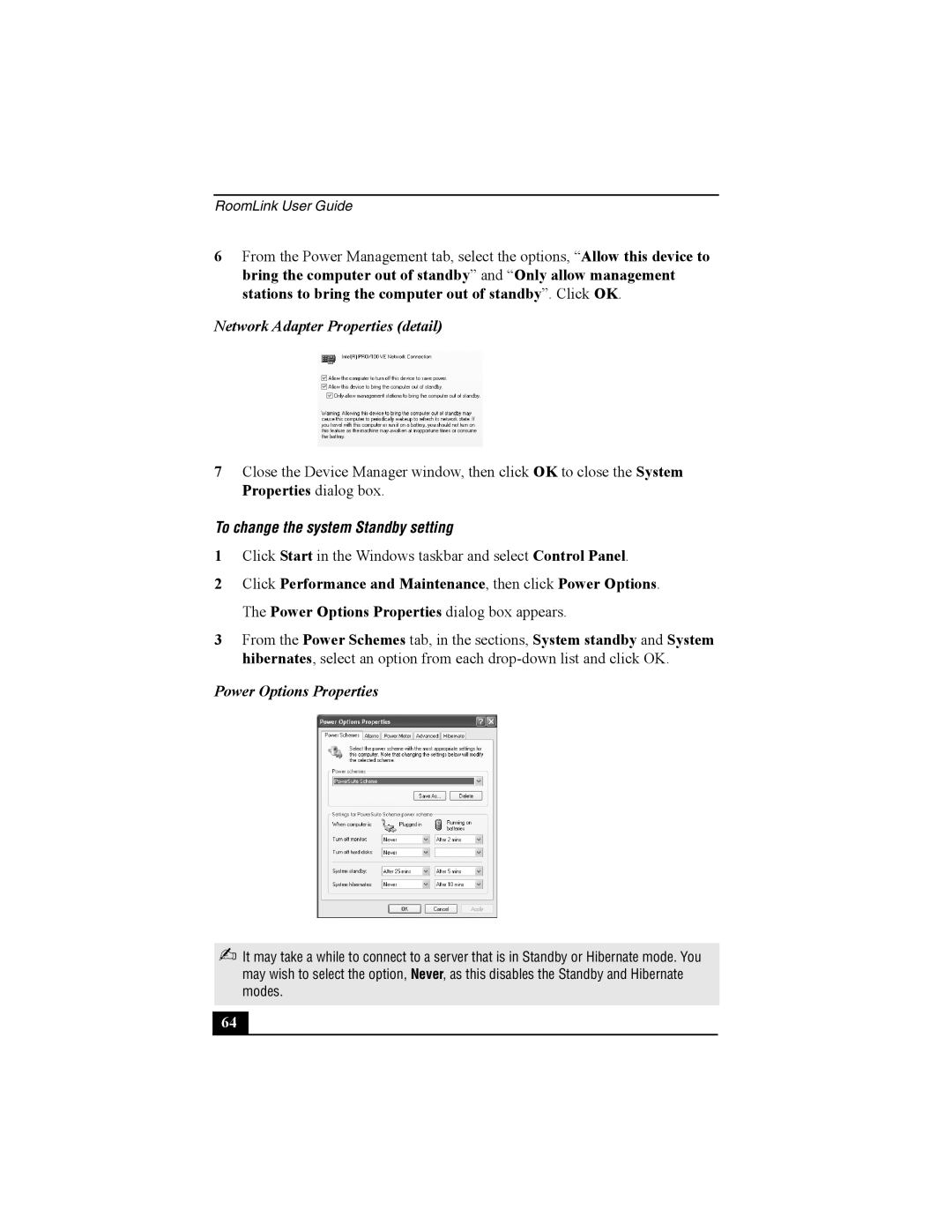 Sony PCNA-MR10 manual Network Adapter Properties detail, To change the system Standby setting, Power Options Properties 