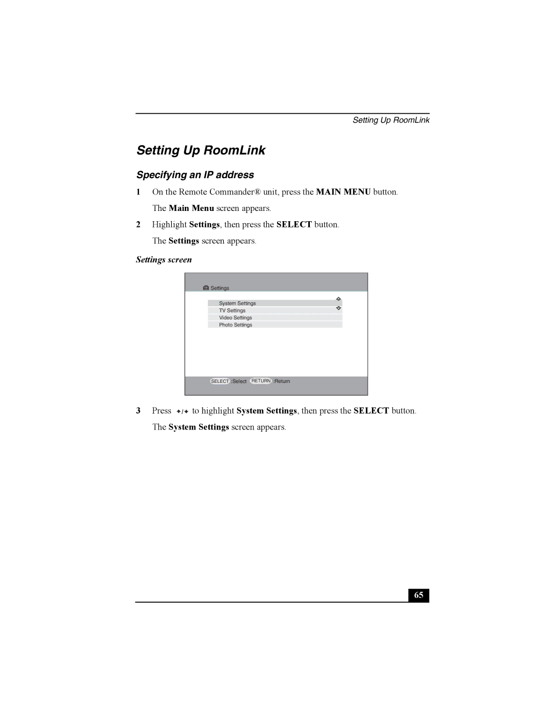 Sony PCNA-MR10 manual Specifying an IP address, Settings screen 