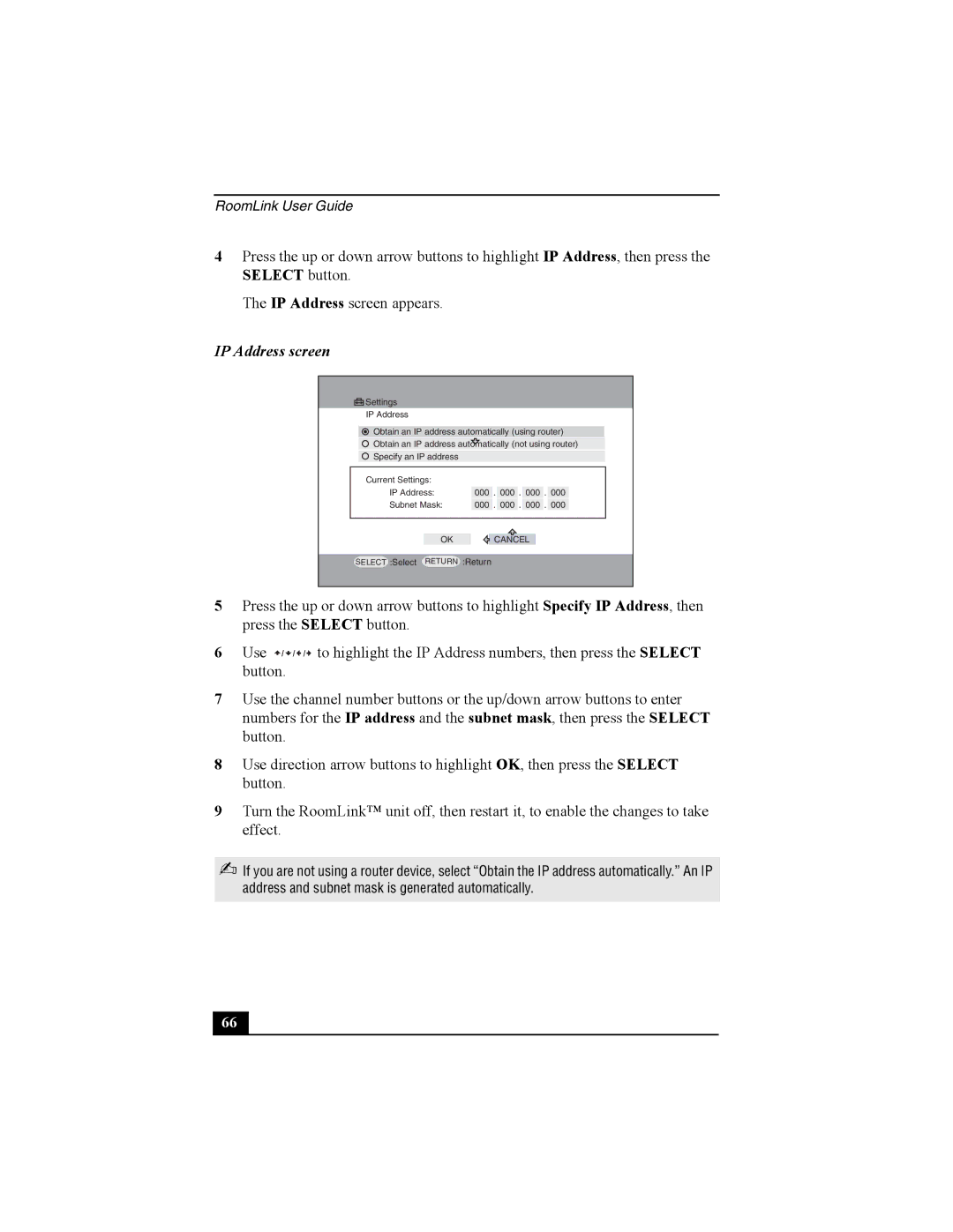 Sony PCNA-MR10 manual IP Address screen 