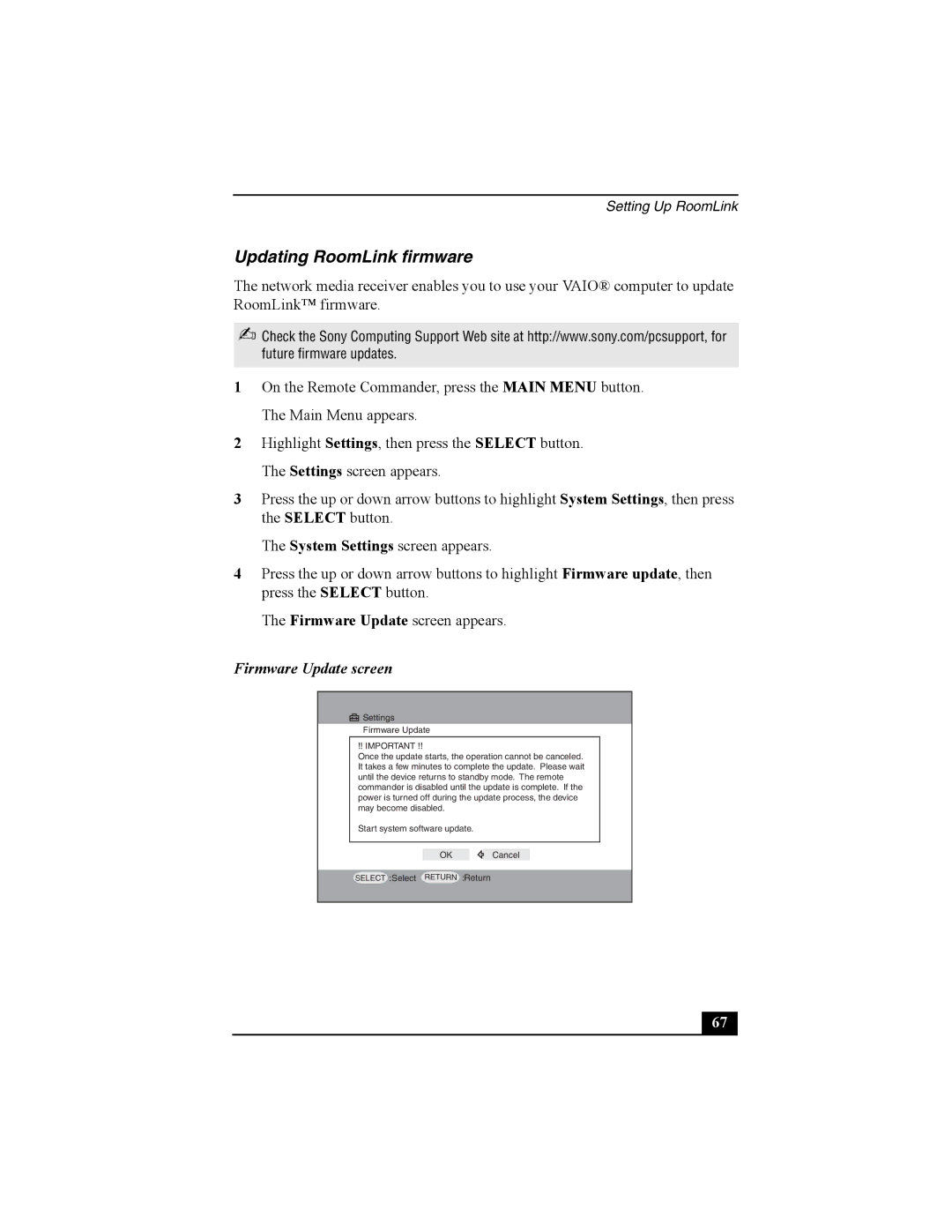 Sony PCNA-MR10 manual Updating RoomLink firmware, Firmware Update screen 