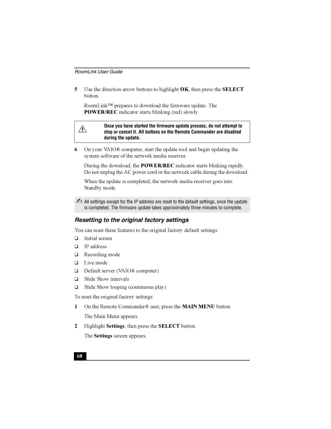 Sony PCNA-MR10 manual Resetting to the original factory settings 