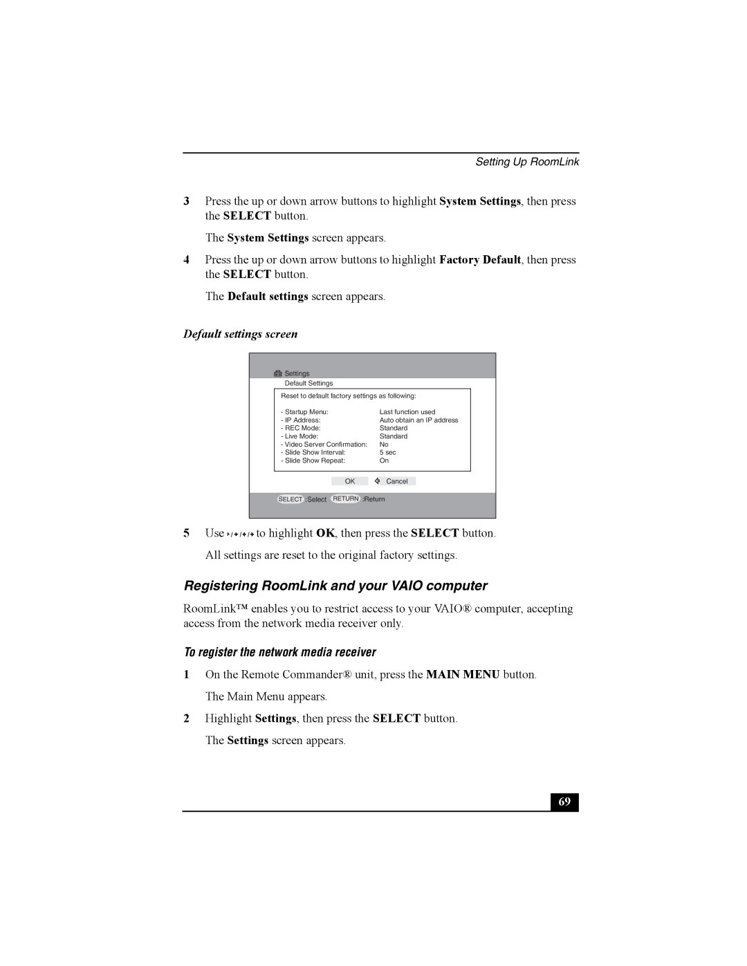 Sony PCNA-MR10 manual Registering RoomLink and your Vaio computer, Default settings screen 