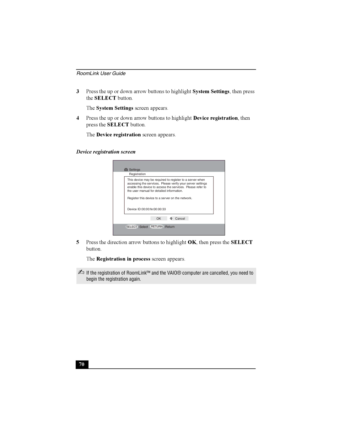 Sony PCNA-MR10 manual Device registration screen, Registration in process screen appears 