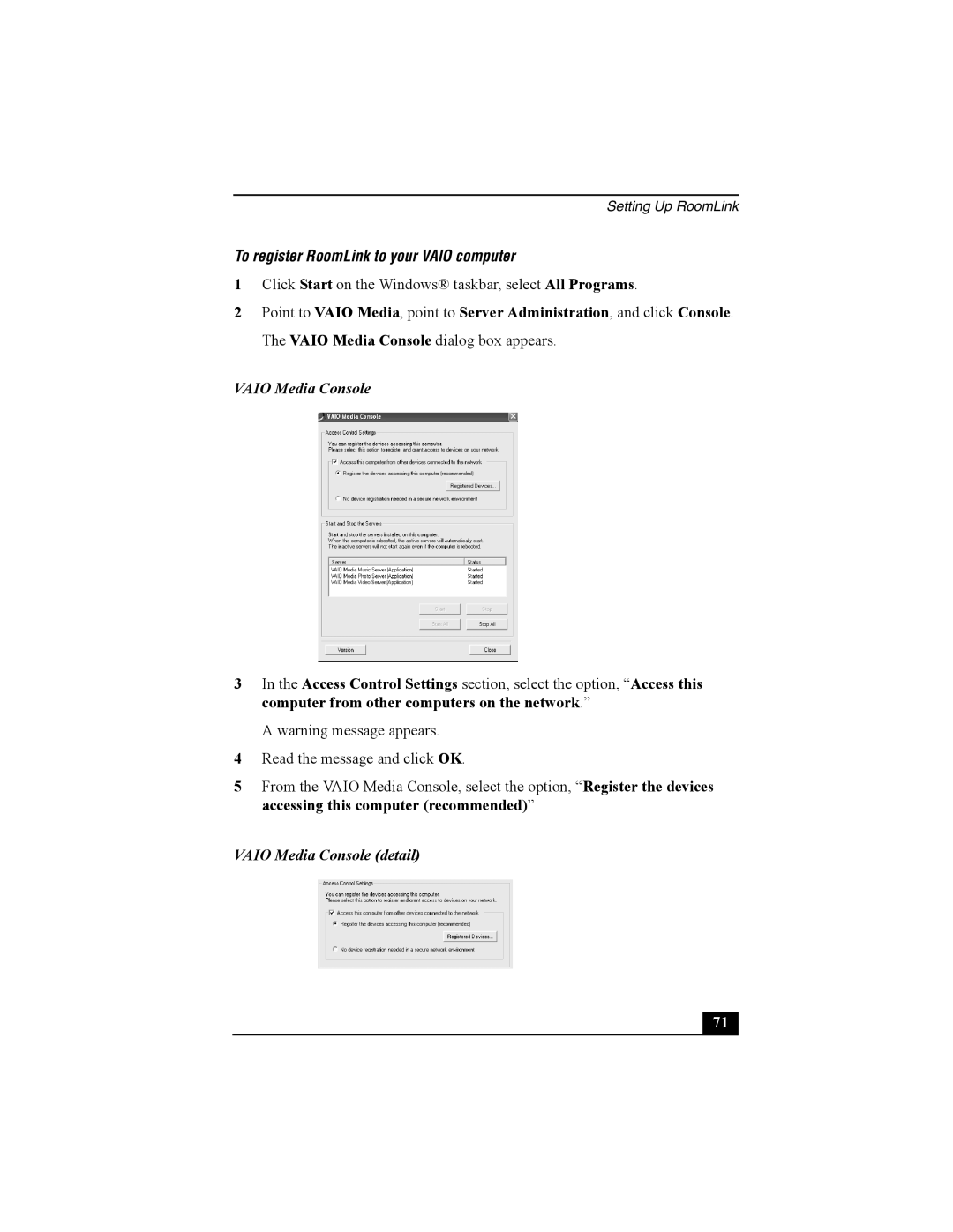 Sony PCNA-MR10 manual To register RoomLink to your Vaio computer, Vaio Media Console 