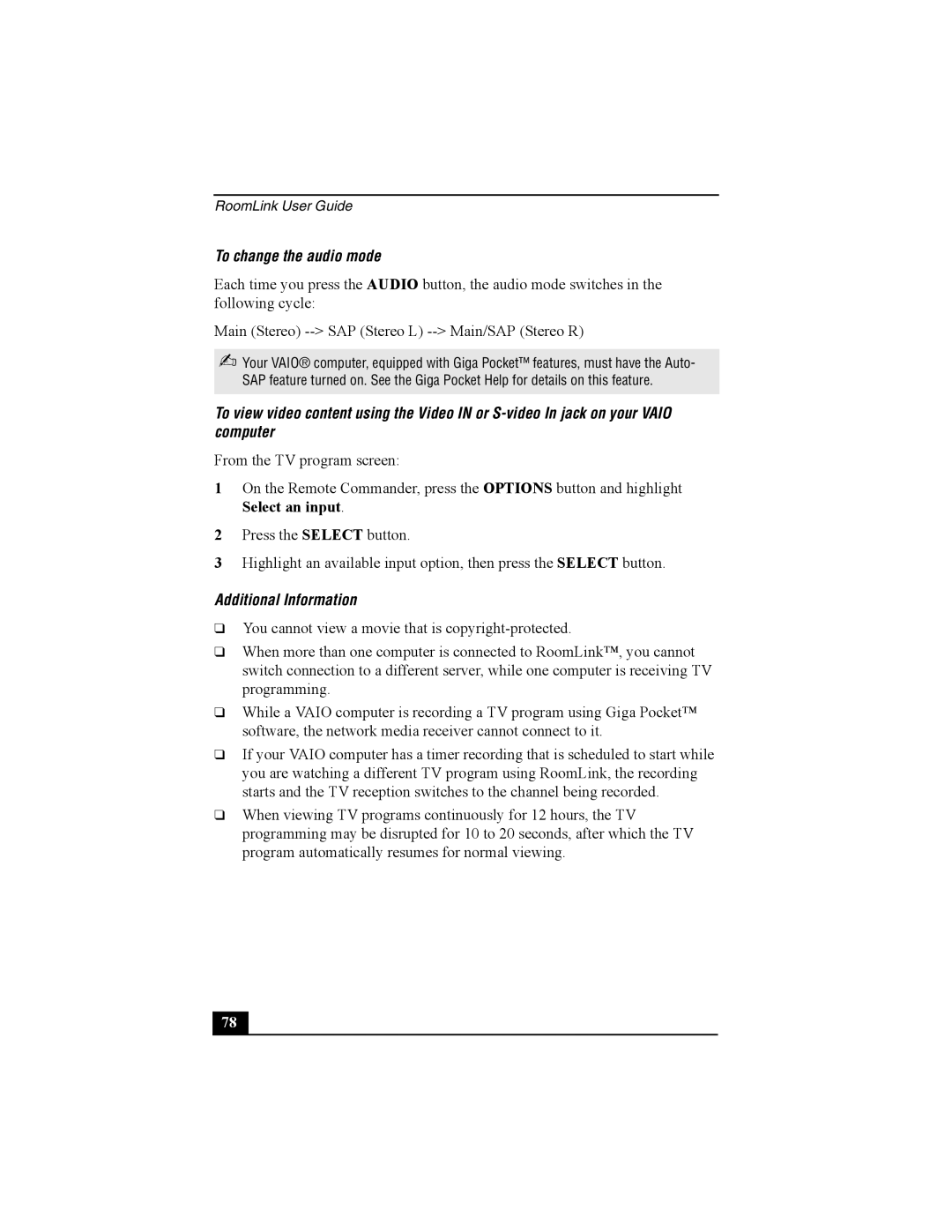 Sony PCNA-MR10 manual To change the audio mode, Additional Information 