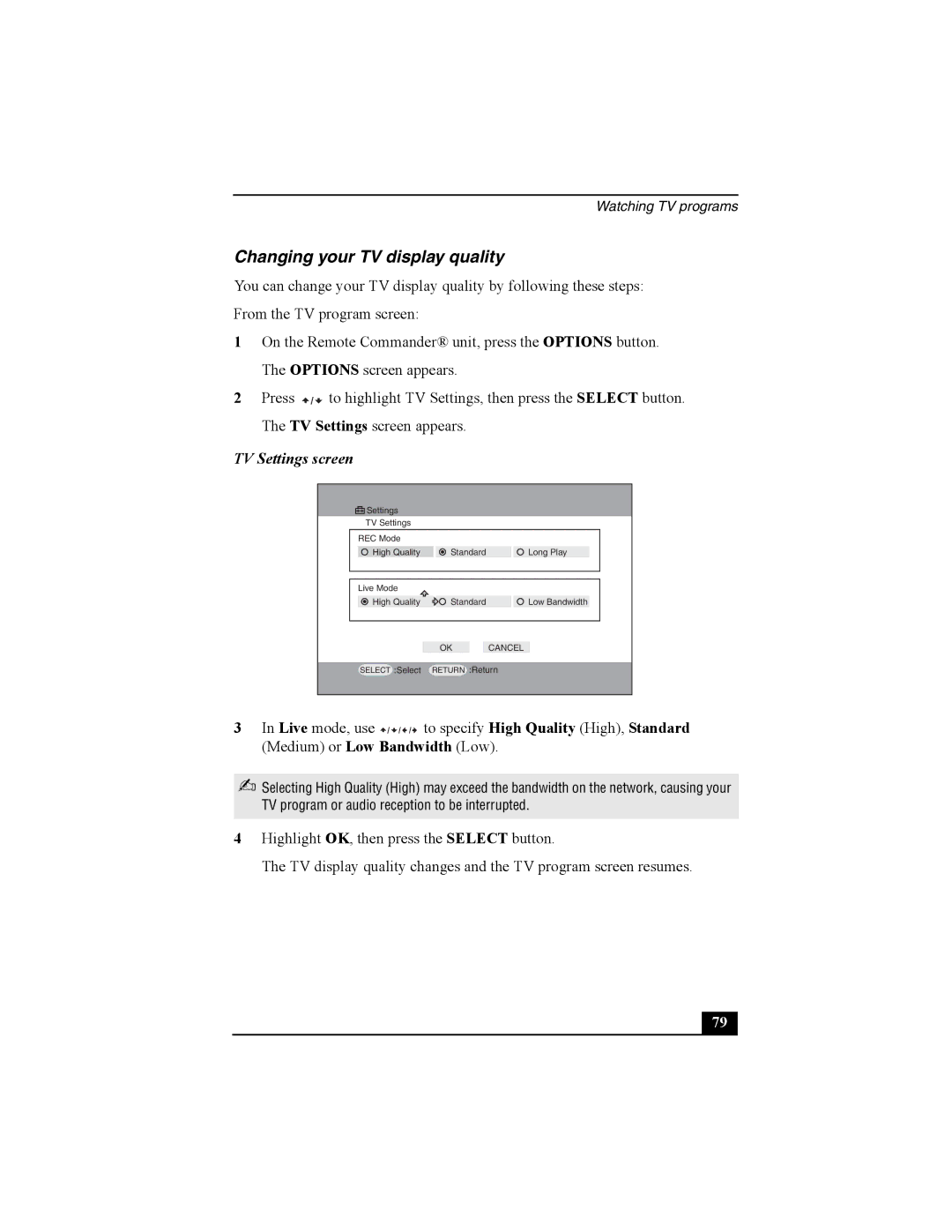 Sony PCNA-MR10 manual Changing your TV display quality, TV Settings screen 