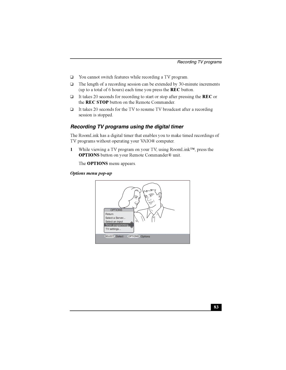 Sony PCNA-MR10 manual Recording TV programs using the digital timer, Options menu pop-up 